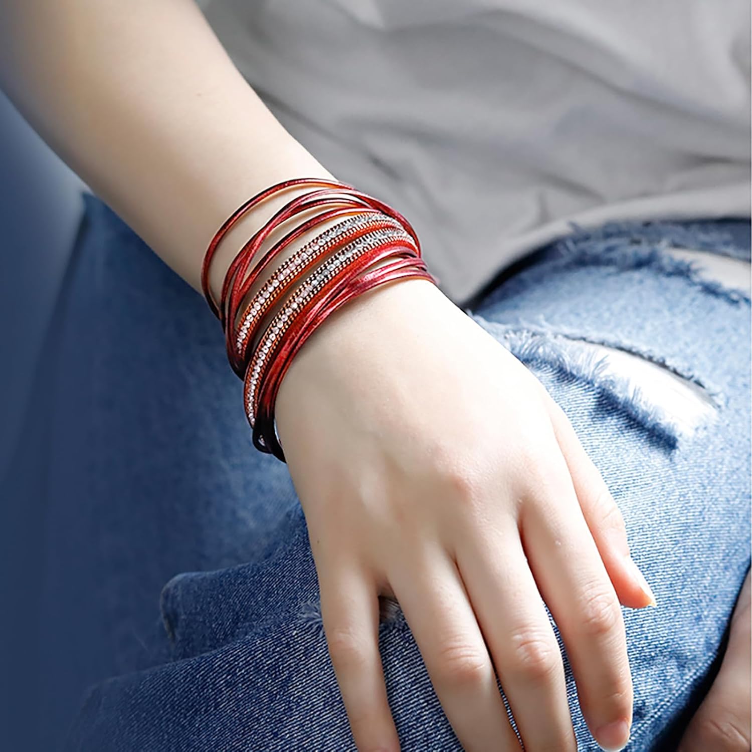 Fesciory Leather Wrap Bracelets for Women, Boho Leopard Multi-Layer Crystal Beads Cuff Bracelet Jewelry - Image 2