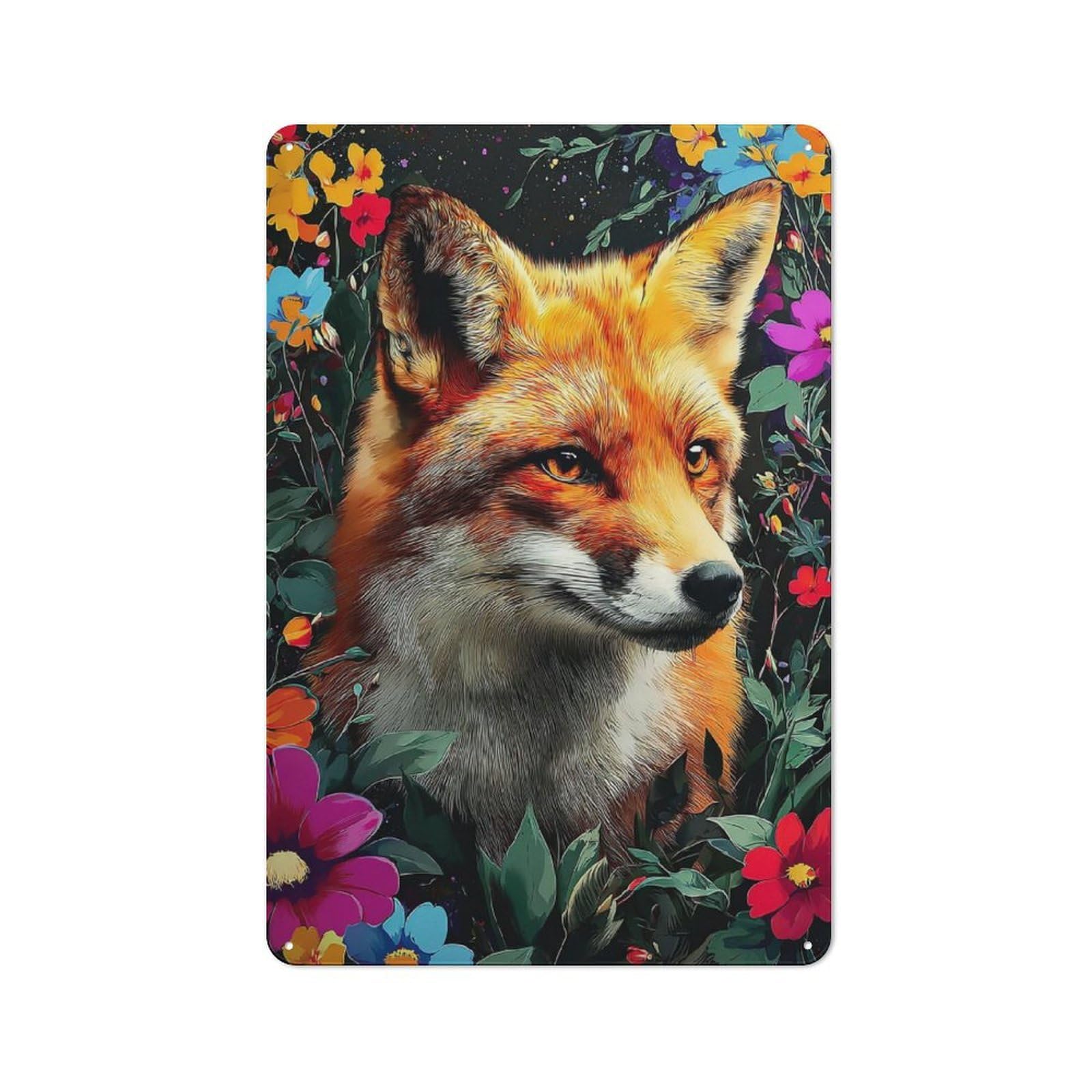 Retro Metal Sign with Fox Amidst Vibrant Flowers Design 30x20cm, Distressed Look Retro Room Decor for Living Room, Hallway, Kitchen Or Cafe