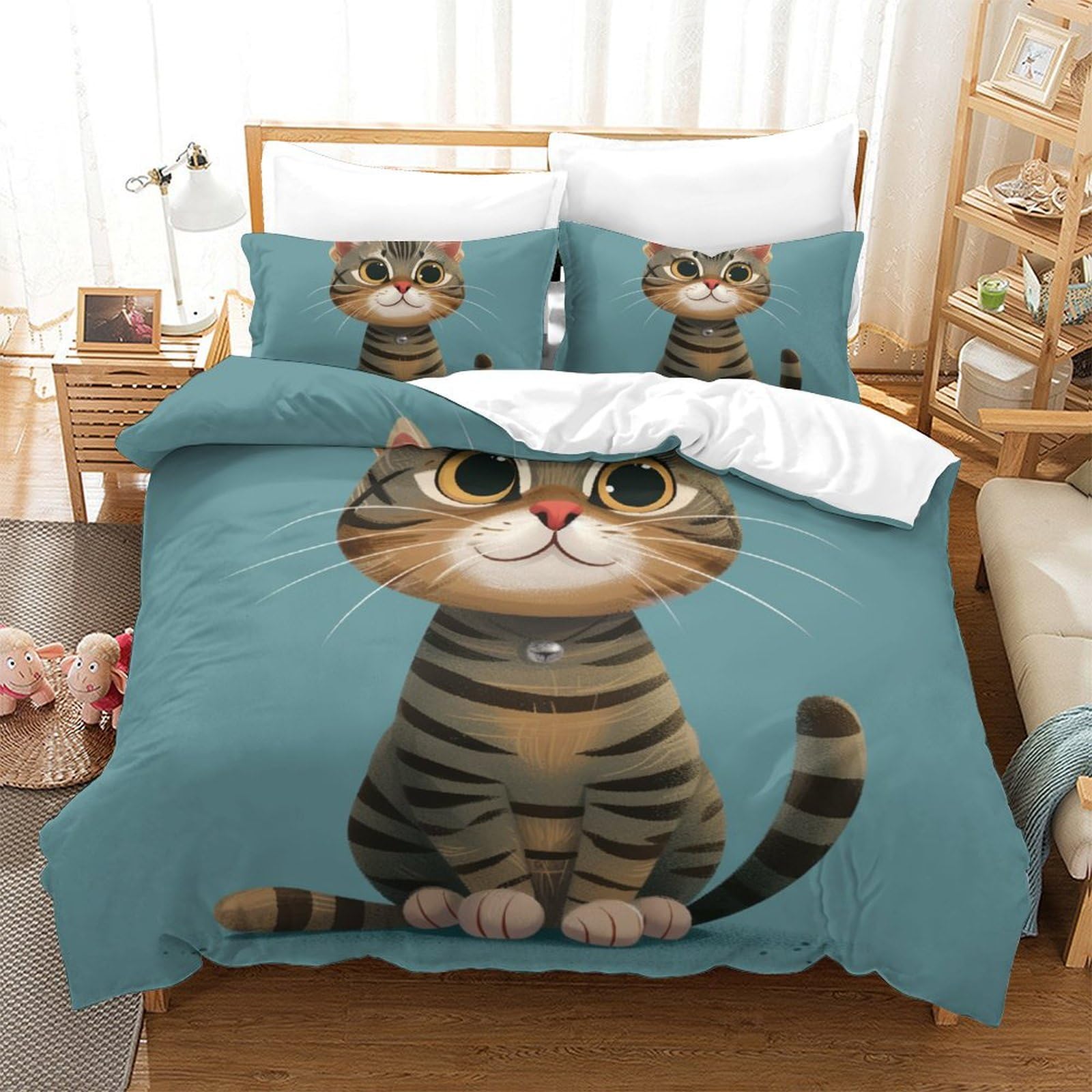 Housse de couette chat 3D anti-glisse 200x200 en microfibre douce pour lit d'adolescent