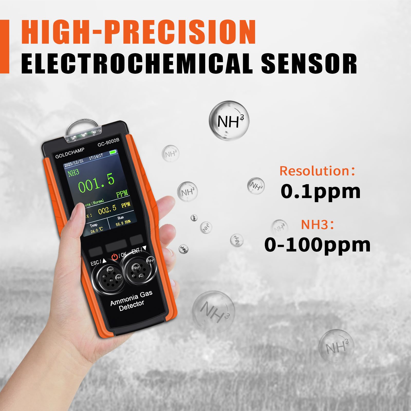 GC-9000B detector de gas amoníaco 3 en 1 con alarma, sensor de alta precisión, mide 0 ~ 100 ppm NH, temperatura/humedad, adecuado para hogares agrícolas, fábricas industriales