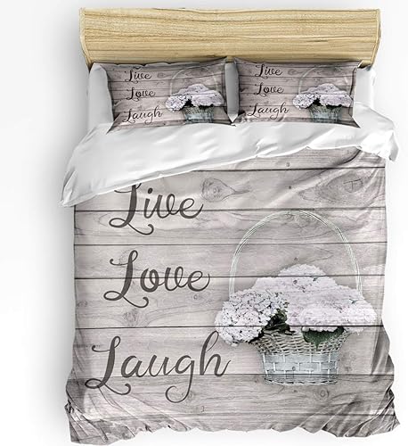 Ldtrchee Juego de ropa de cama para todas las estaciones, cesta de hortensia, diseño retro de rayas de madera, ultra suave, juego de funda de