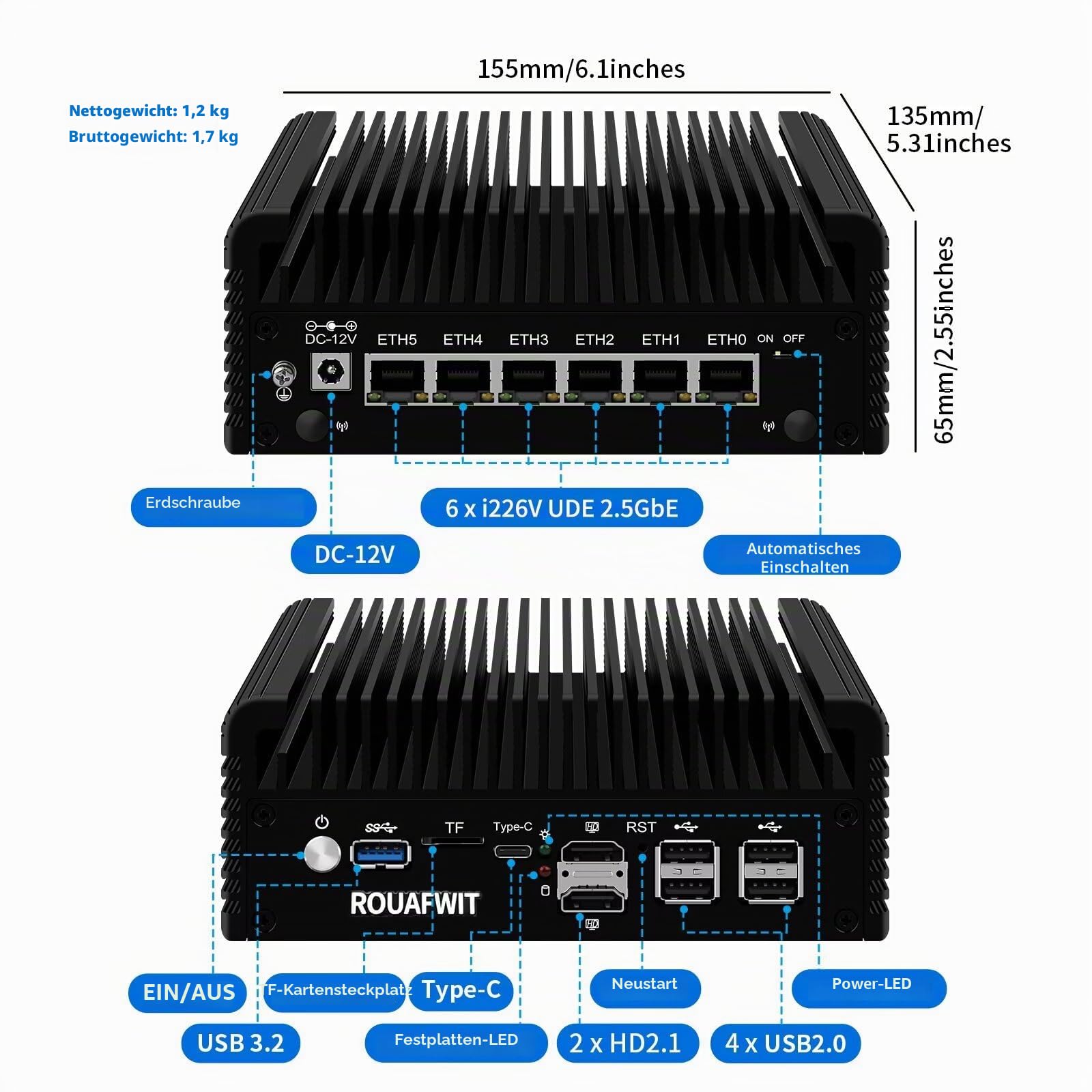 Micro Firewall N150 Fanless Mini PC, DDR5 8GB RAM 128GB SSD Router Appliance Computer, Support OS, OPNsense, 6 x 2.5Gbe i226-V Ethernet, TF, Type C, AES-NI