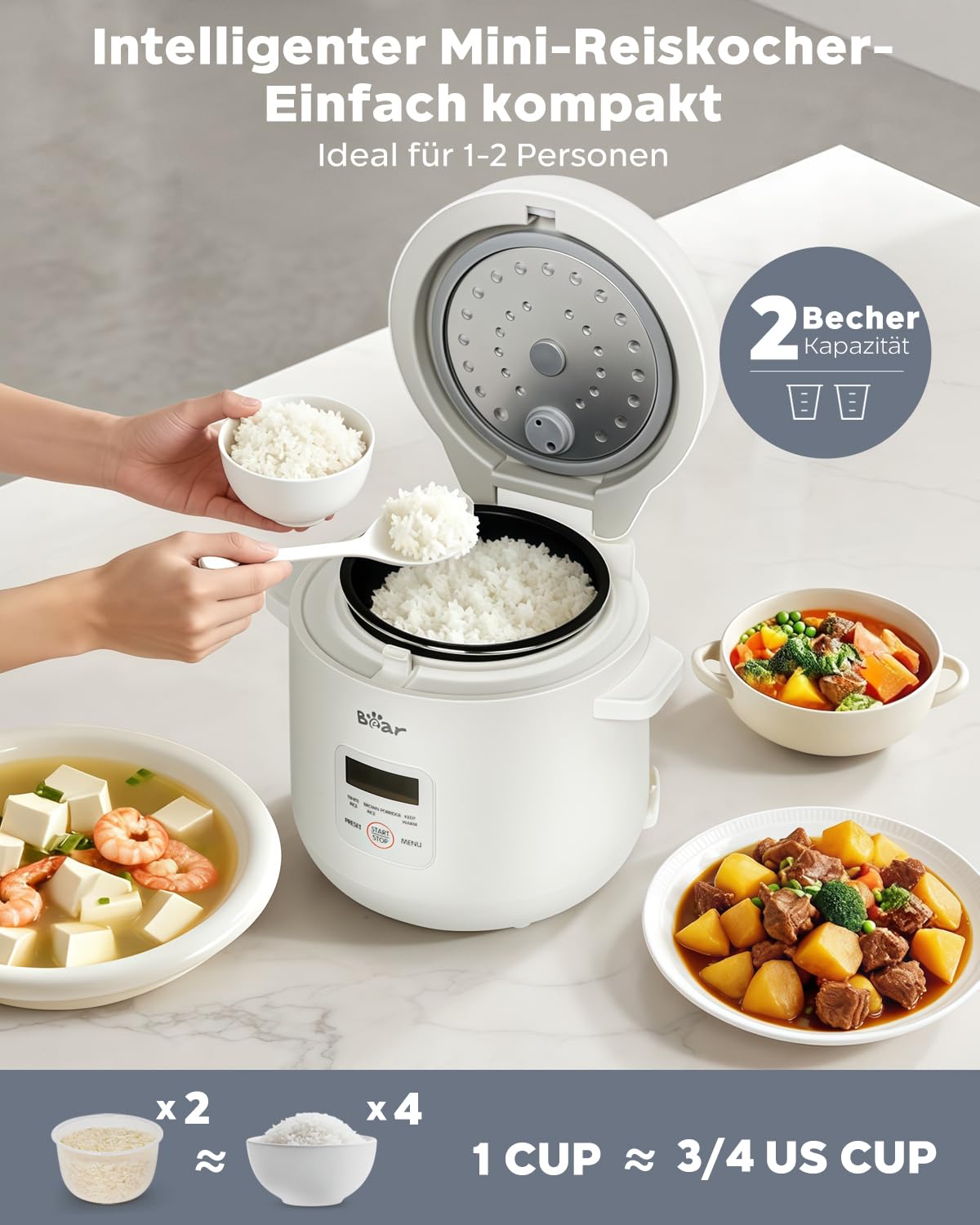 Bear Reiskocher 2-Tassen ungekocht, Multifunktioneller 300W Elektrischer Rice Cooker mit Warmhaltefunktion, voreingestellte Funktion Elektrischer Mini Rice Cooker,Weiß