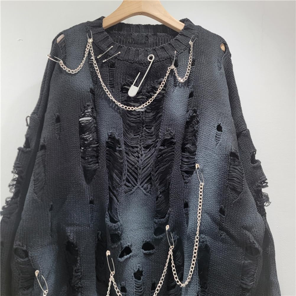 Damski gotycki sweter oversize z długim rękawem, wycięciami, okrągłym dekoltem, podarty sweter, bluza dziergana