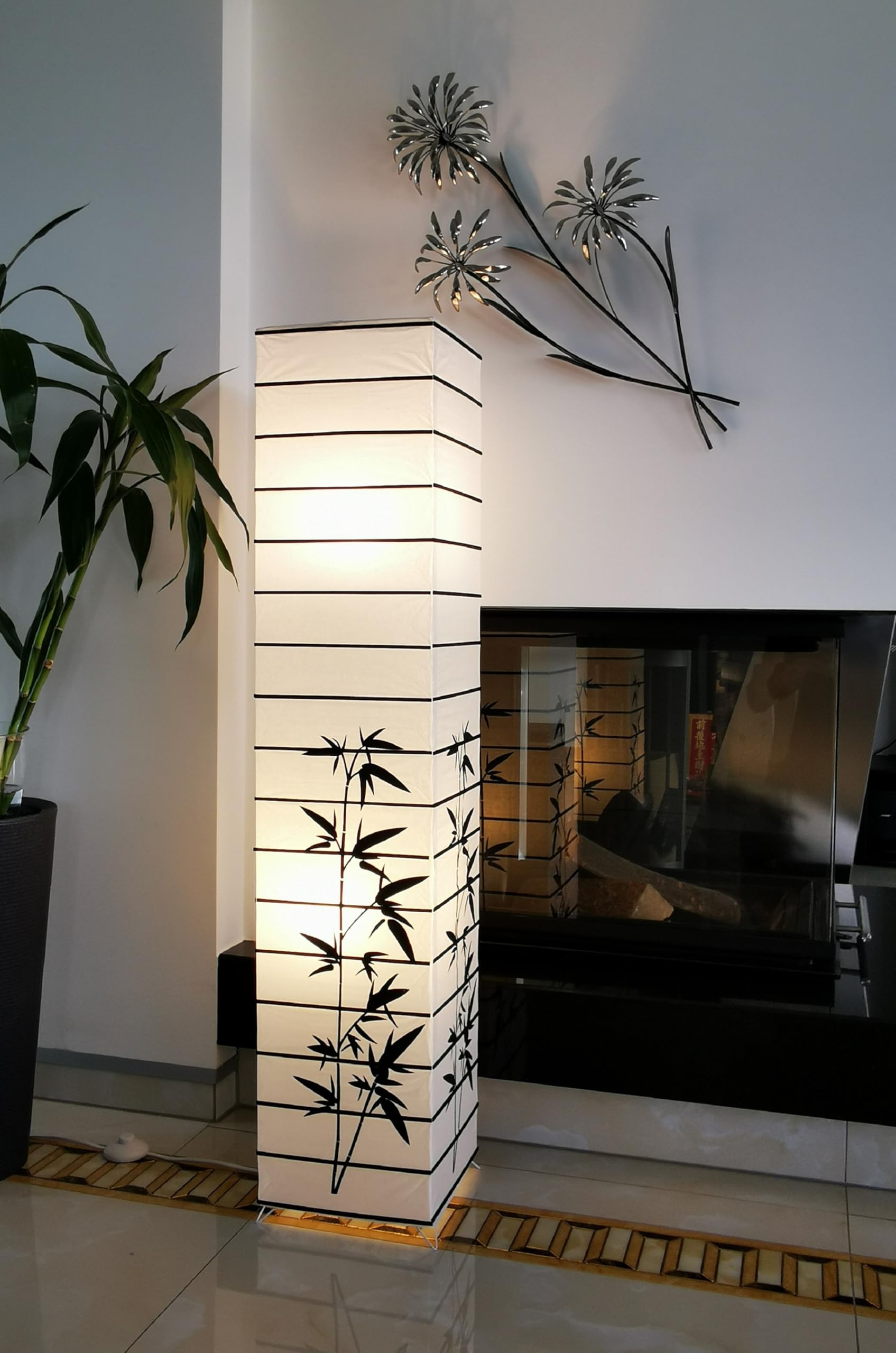 Trango 1212L Reispapier Standleuchte *JAPAN* *HANDMADE* in Eckig Weiß m. Deko-Stäben & Bambus Motiv inkl. 2x E14 LED Leuchtmittel warmweiß Stehleuchte