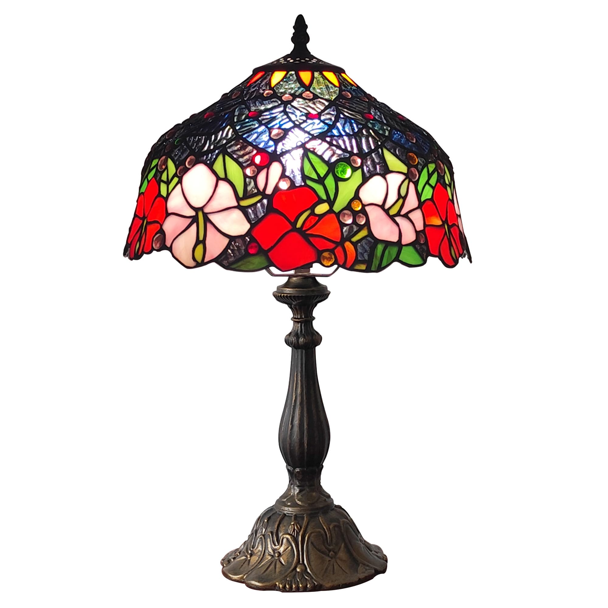 XPHMXP Tiffany Lamp Stained Glass Table Lamp Tiffany Style 3-Way Vintage Beside Reading Light 12 inch Flowers Style Antique Nightstand Light (Red Pink