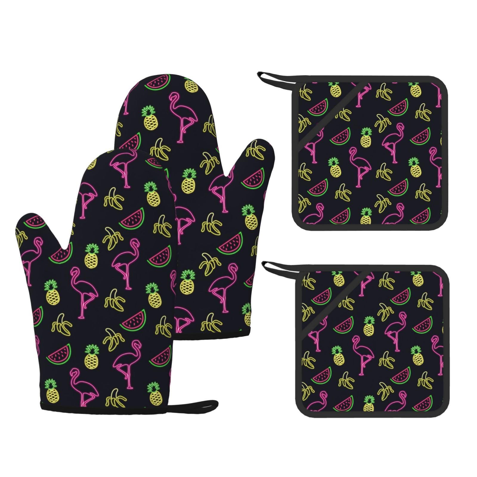 Pineapple Banana Flamingo Printed Cooking Mitts and Pot Holders 4 Pcs, Heat Resistant Oven Gloves with Hanging Loop Chef