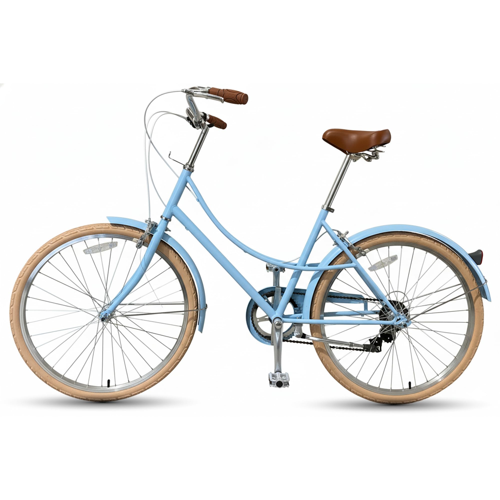 CYBIC bici da città 24/26'' per donna, stile retrò, 7 velocità, telaio leggero in alluminio con cestino in rattan, ideale per pendolari e uso urbano (Pollici, 26, blu, Pollici, 18)