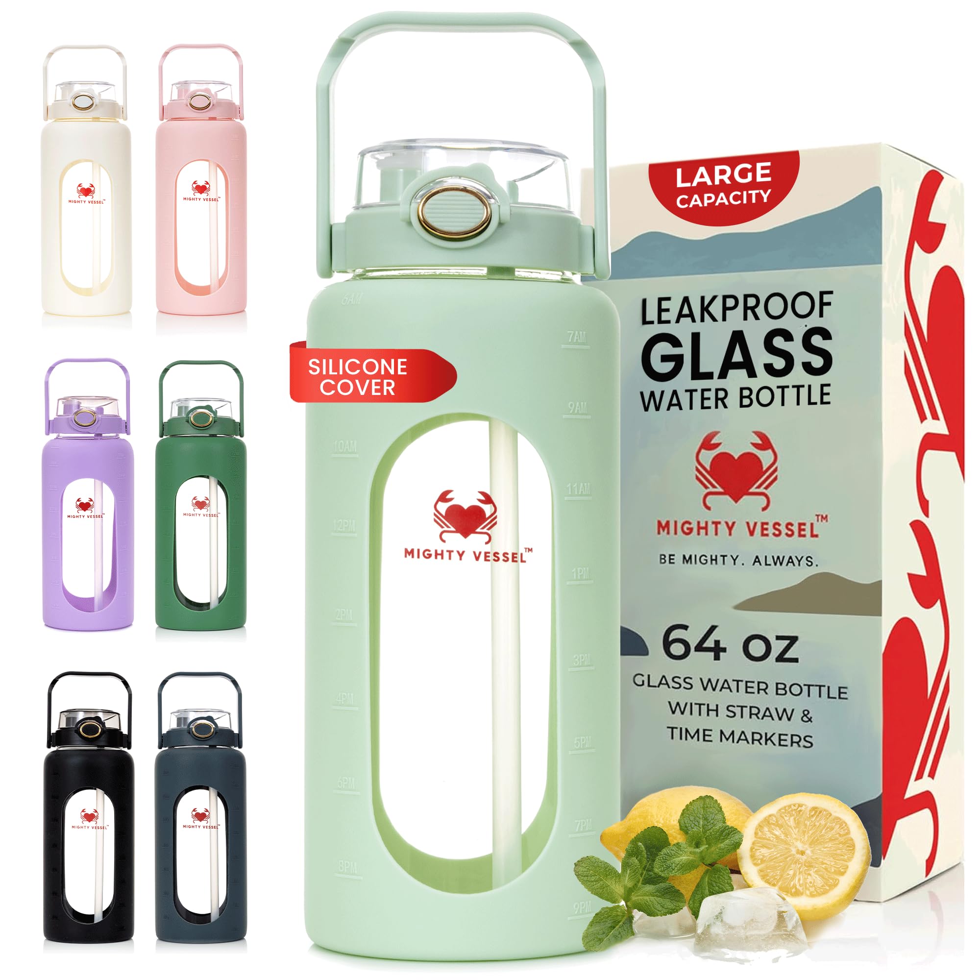 64 oz Glass Water Bottle with Straw Time Marker Half Gallon Motivational Tracker Bottles Large 2 Liter Drinking Jugs Big 2l Jug with Measurements Light Green