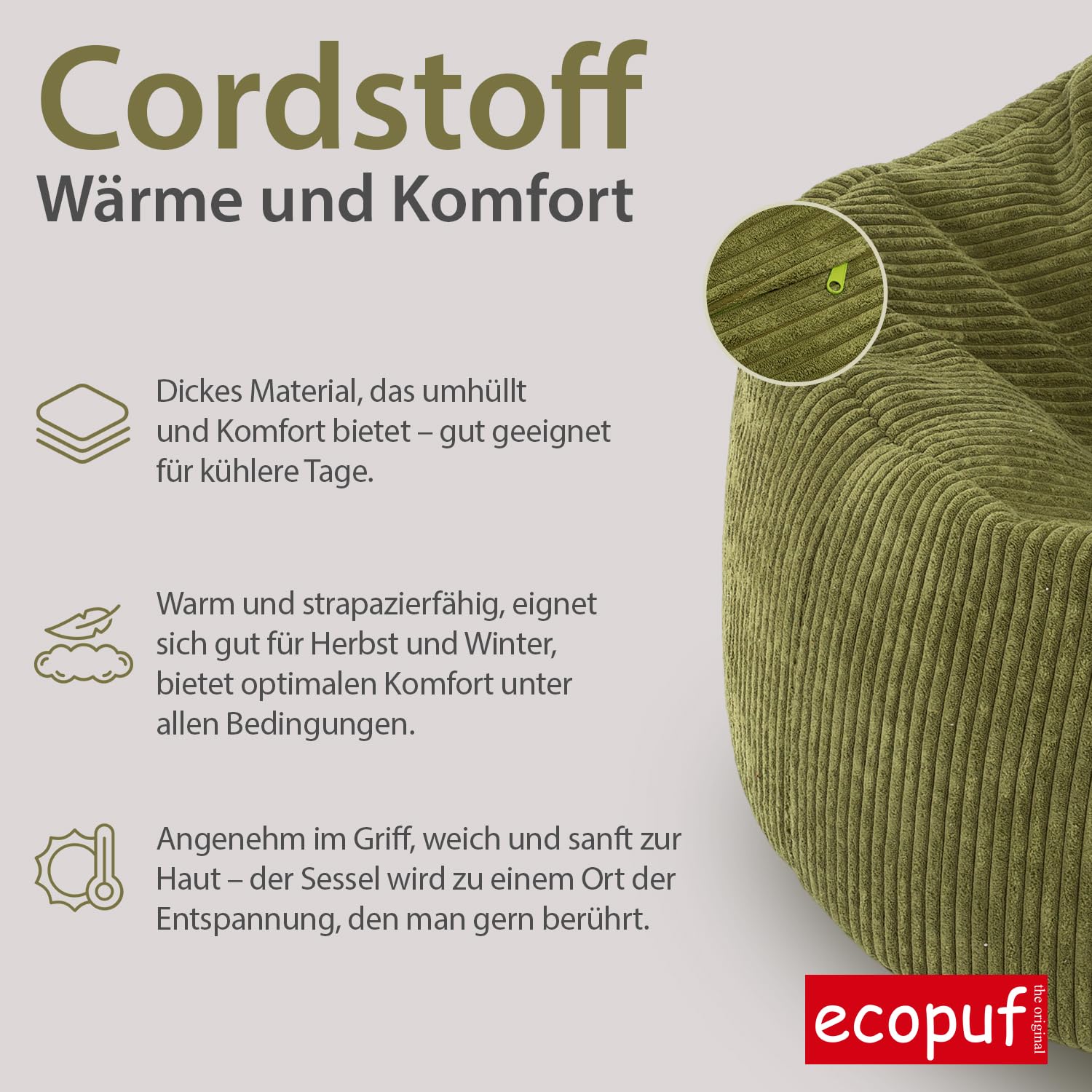 Ecopuf Sitzsack Cord - Sitzsäcke - Bean Bag - Sitzsack mit Füllung zum Kinderzimmer und zum Wohnzimmer