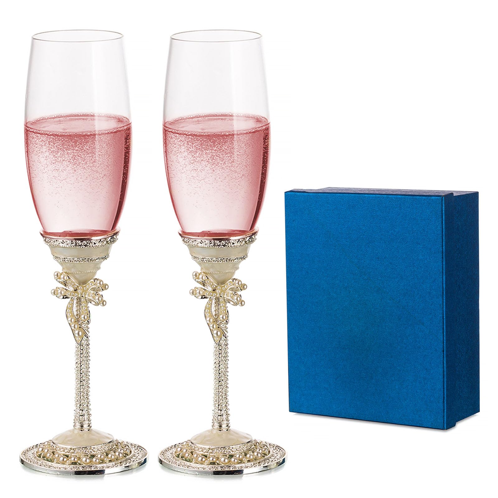 Flautas de champán esmaltadas para regalos de boda - Juego de 2 copas de champán con caja de regalo, base de metal con perlas, decoración personalizada, vasos de boda para novios, regalos de