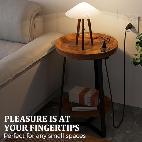 Miniatura 7 de Gadroad Mesa auxiliar redonda con estación de carga, puertos USB, mesa de madera y marco de metal negro, mesa auxiliar de 2 niveles para sala de