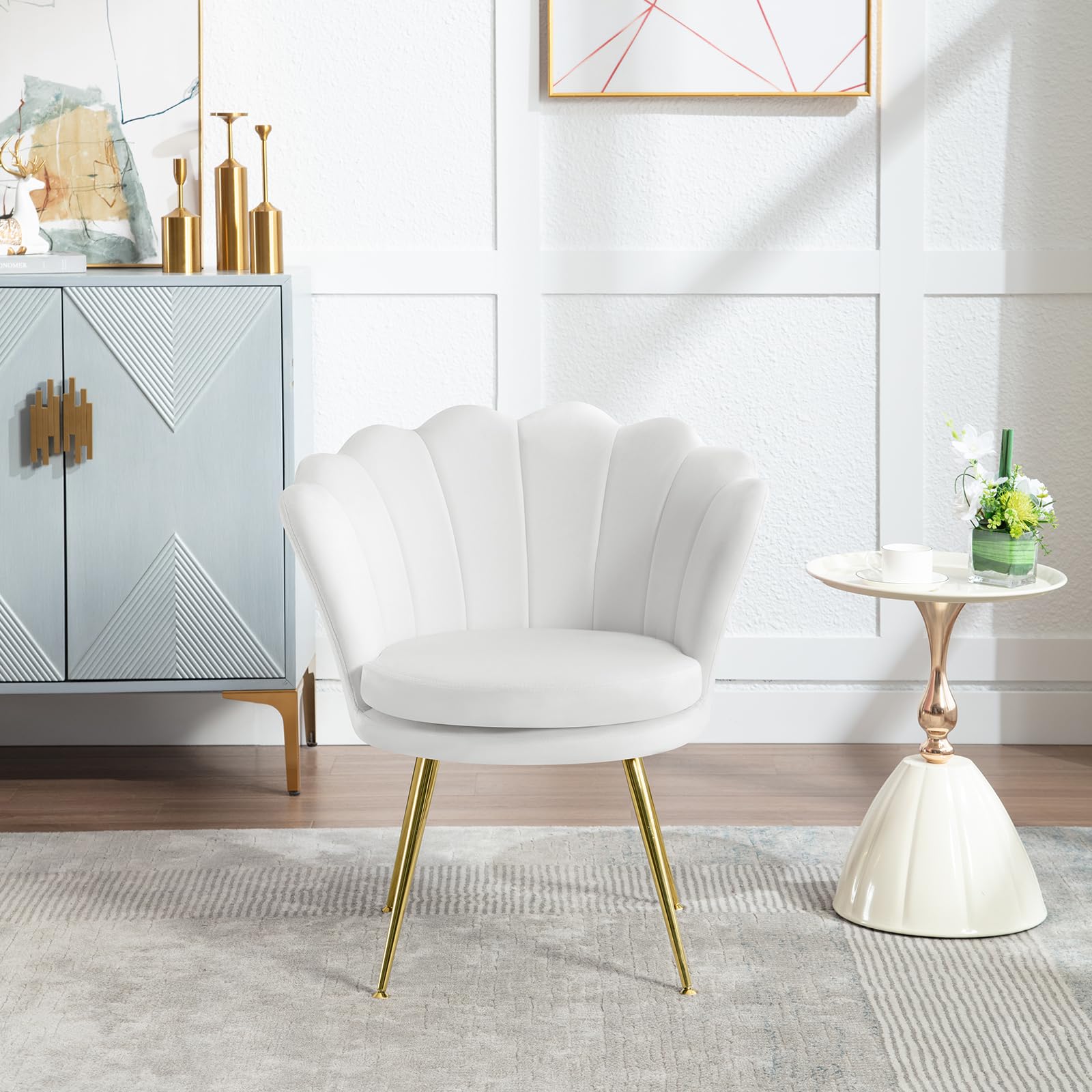 WOLTU Fauteuil Salon, Fauteuil Coquillage, Dossier en Forme de Pétale, en Velours, Pieds en Métal, Blanc, SKS49ws