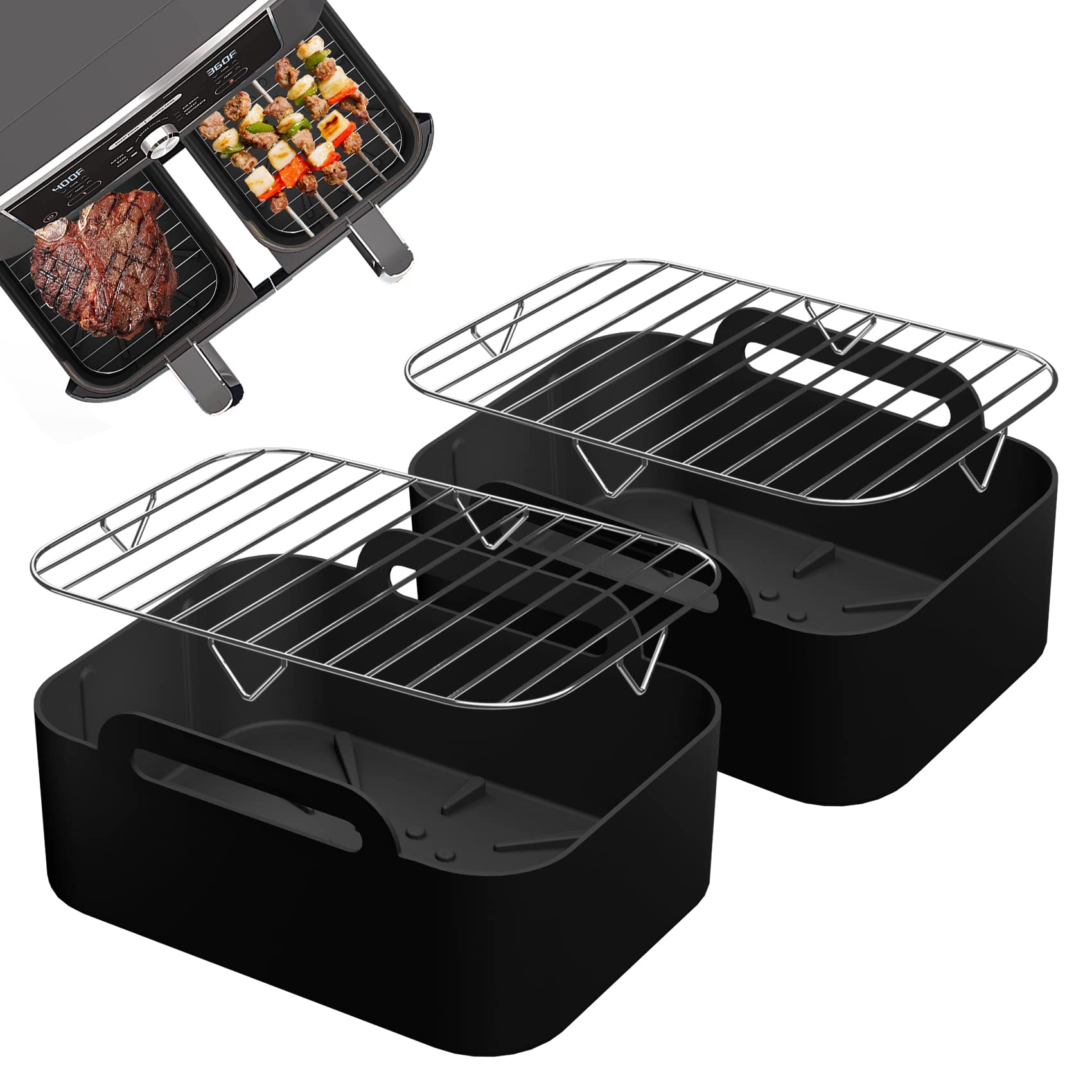4PCS Set Silicone Liners & Racks for Ninja Dual Air Fryer AF400UK, AF500UK, AF451UK & Tower T17088, Tuuyee Multifunctional Ninja Dual Air Fryer Accessories (Black)