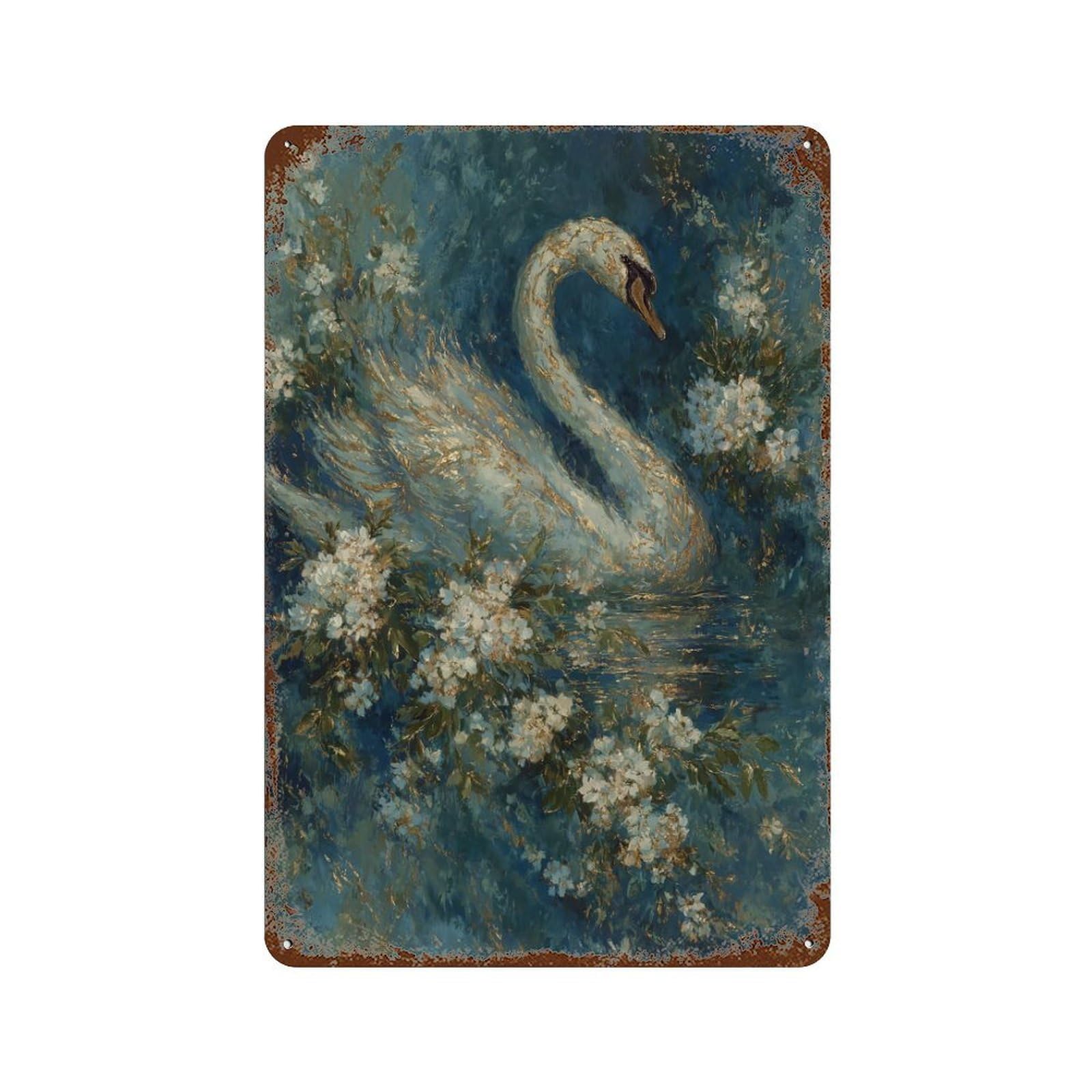 Swan in Blossom Pond Art Print Rust Effect Tin Sign 11.8"x7.9", Farmhouse Wall Decor for Bistro, Counter And Cafe Decor