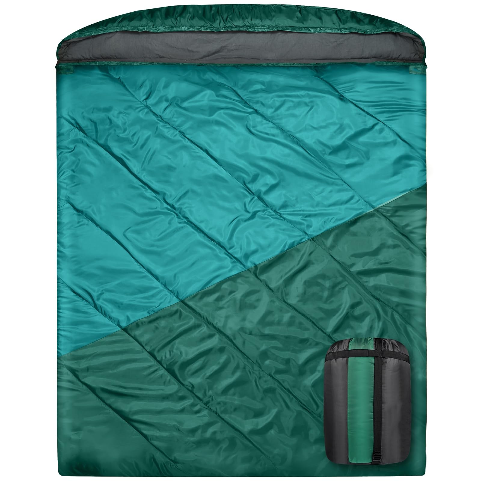 Saco de dormir doble, saco de dormir para 2 personas, tamaño Queen, para adultos, parejas, familia, camping, mochileros, XL, impermeable, ligero, para clima frío y cálido (azul lago)