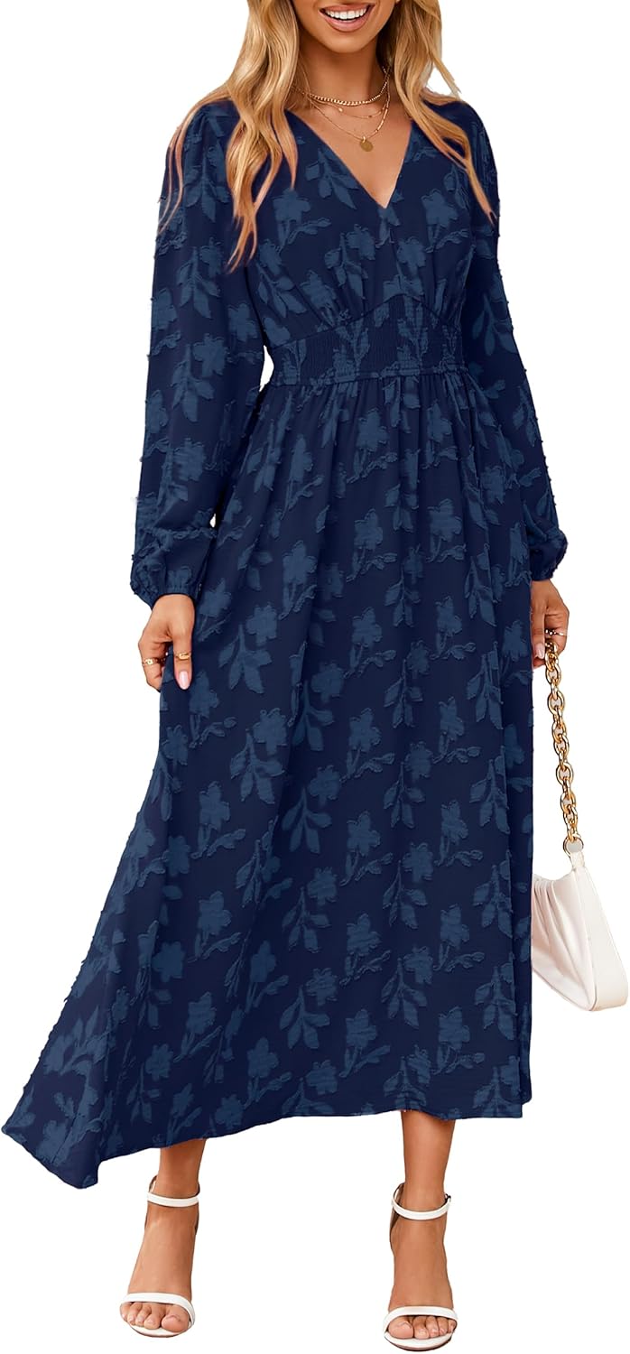Simplee Womens Boho Floral Long Sleeve Maxi Dress V Neck Empire Waist Fall Wedding Guest Dresses with Pockets