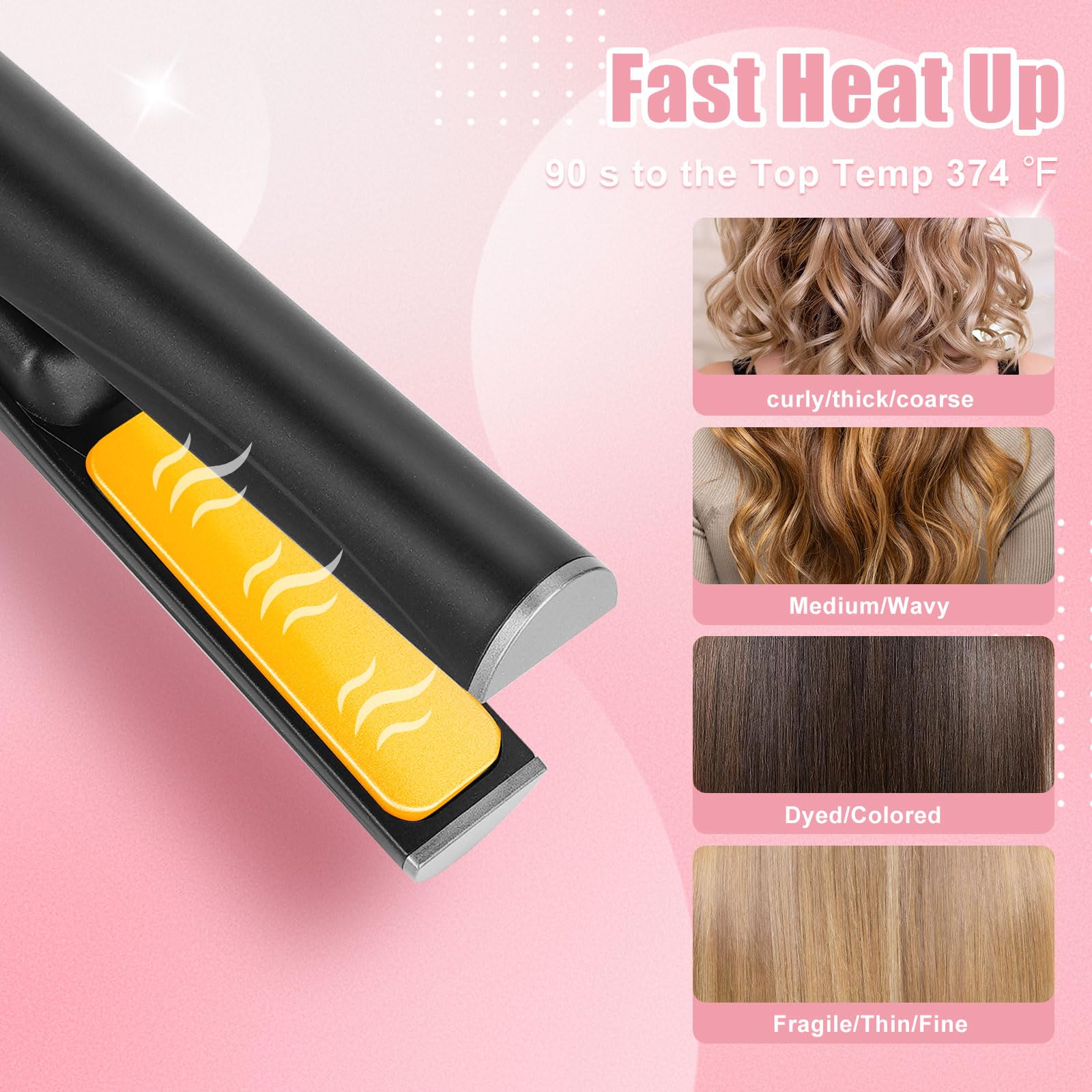 Mini alisador de pelo inalámbrico portátil, recargable por USB, calentamiento rápido que puede funcionar continuamente durante 40 minutos, rizador inalámbrico para viajes (negro)
