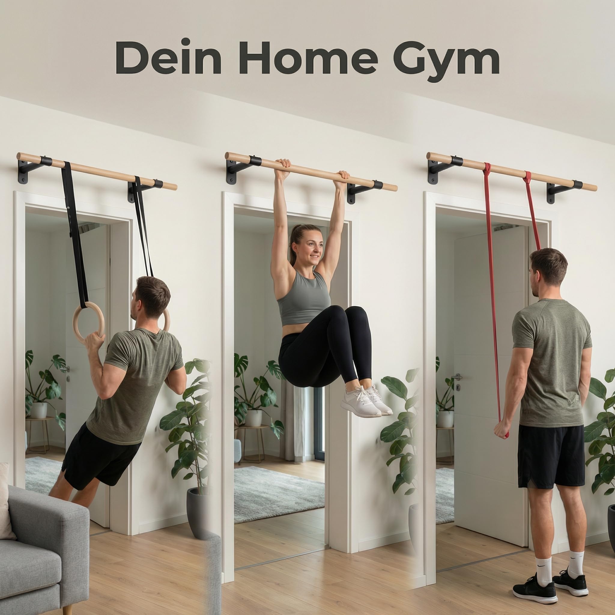 Klimmzugstange Wand - Platzsparende Pull Up Bar aus Holz zur festen Wandmontage - stilvolles Design und hohe Bewegungsfreiheit - Calisthenics Equipment für Zuhause - inkl. Dübel und Schrauben