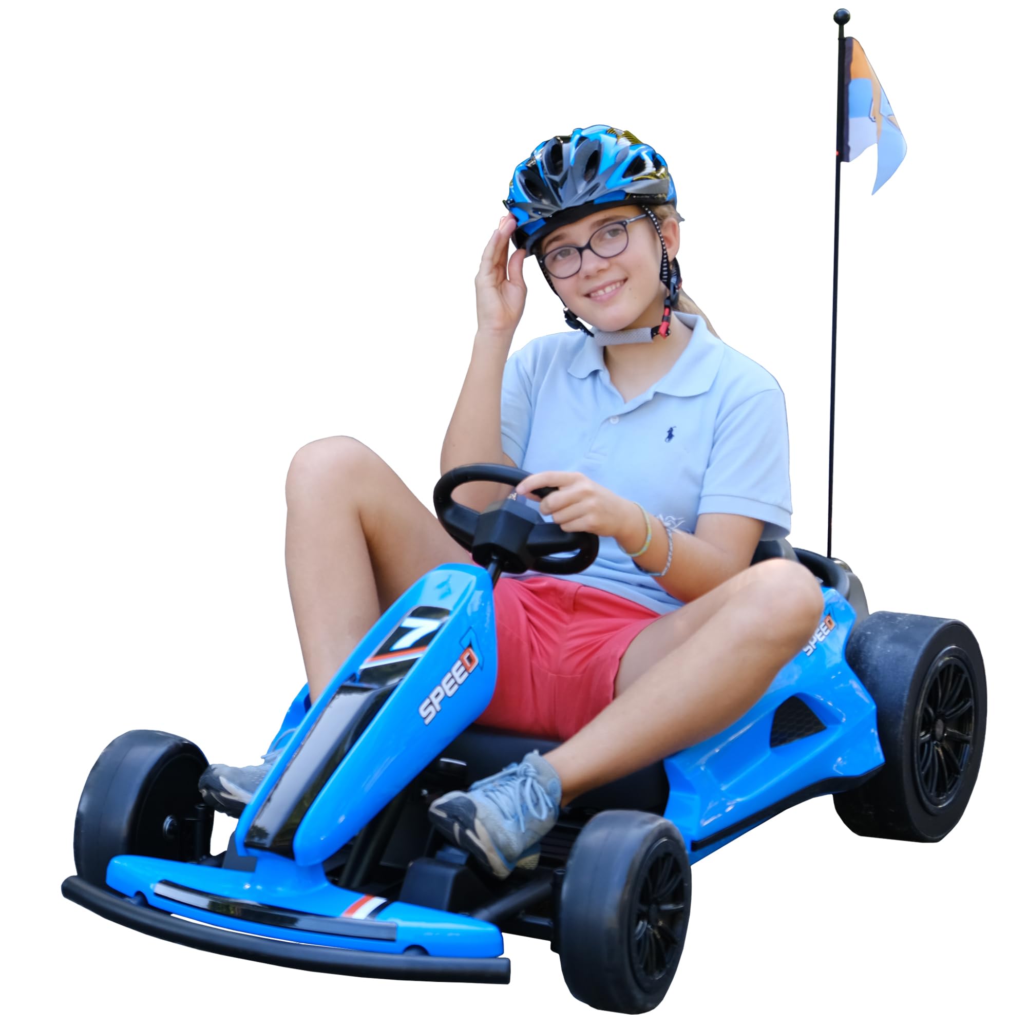 sopbost 24V 10Ah Electric Go Kart with Drifting Function for Big Kids Age 6+, 2WD Ride On Car with Gas and Brake Pedal, Max Speed 7.5Mph, 135 Lbs Load Capacity - Blue
