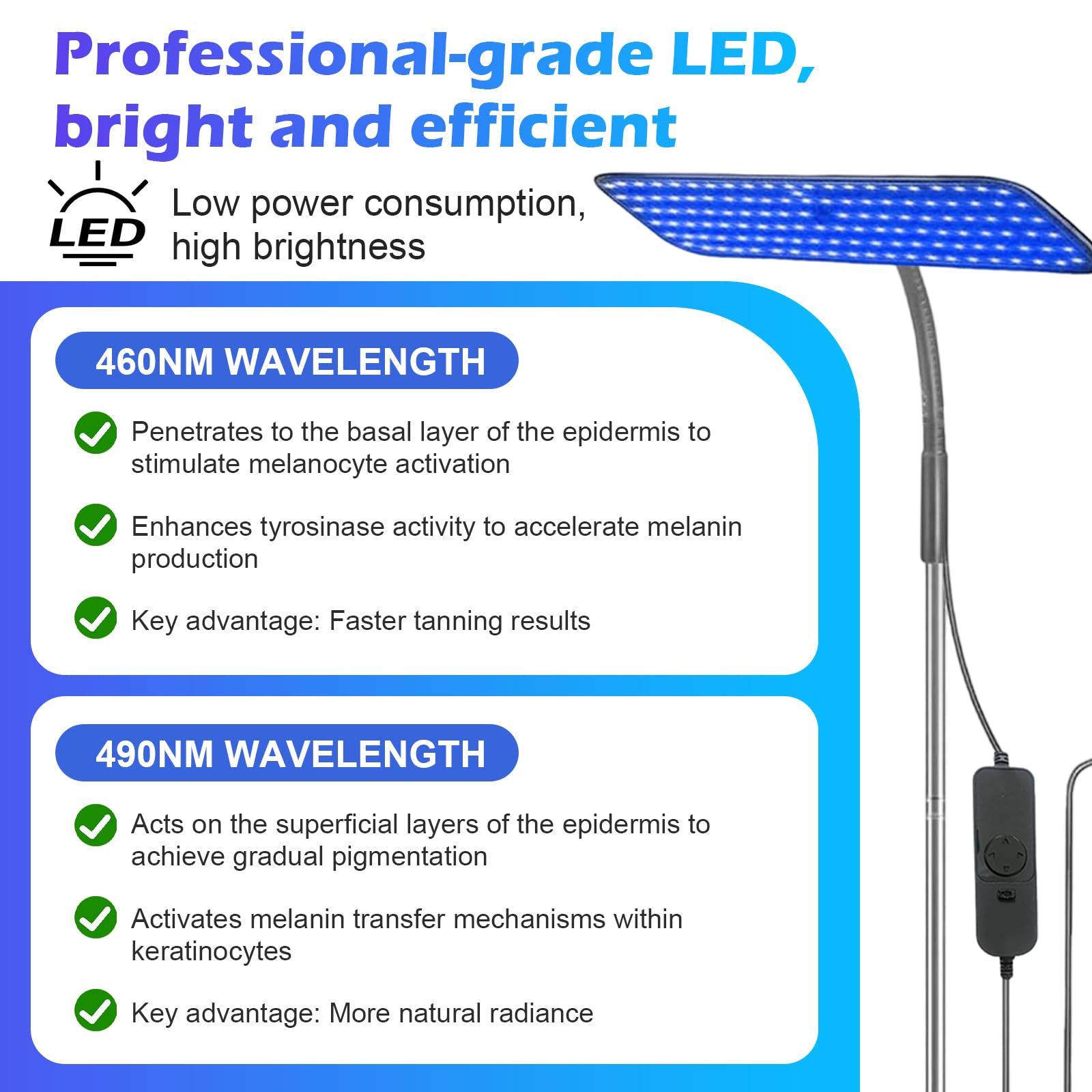 Solarium para el hogar, 460 NM y 490 NM, lámpara de bronceado con gafas de sol, luz azul de 25 W, luz de bronceado, soporte de metal ajustable y temporizador, bronceador facial con 126 ledes para uso