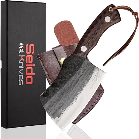 Seido Knives Choppa Cleaver Knife - 5" Hand-Forged Meat Cleaver with Leather Sheath, Ideal for BBQ, Camping, and Kitchen