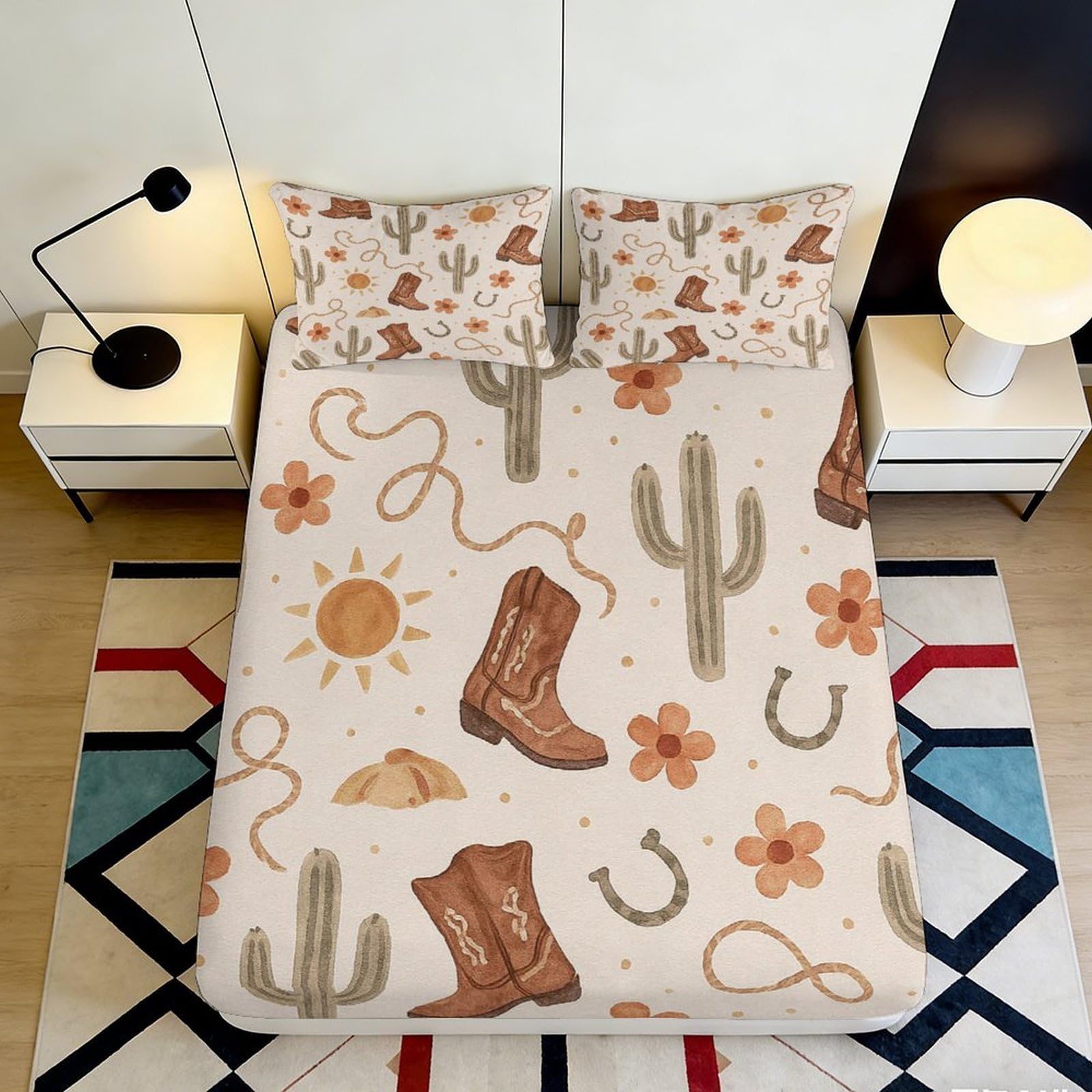 3D Printed Western Cowboy Boots Fitted Sheet Microfiber Anti-Slip Cactus Bed Cover for Bedroom Guest Room Decor 140x200x25cm