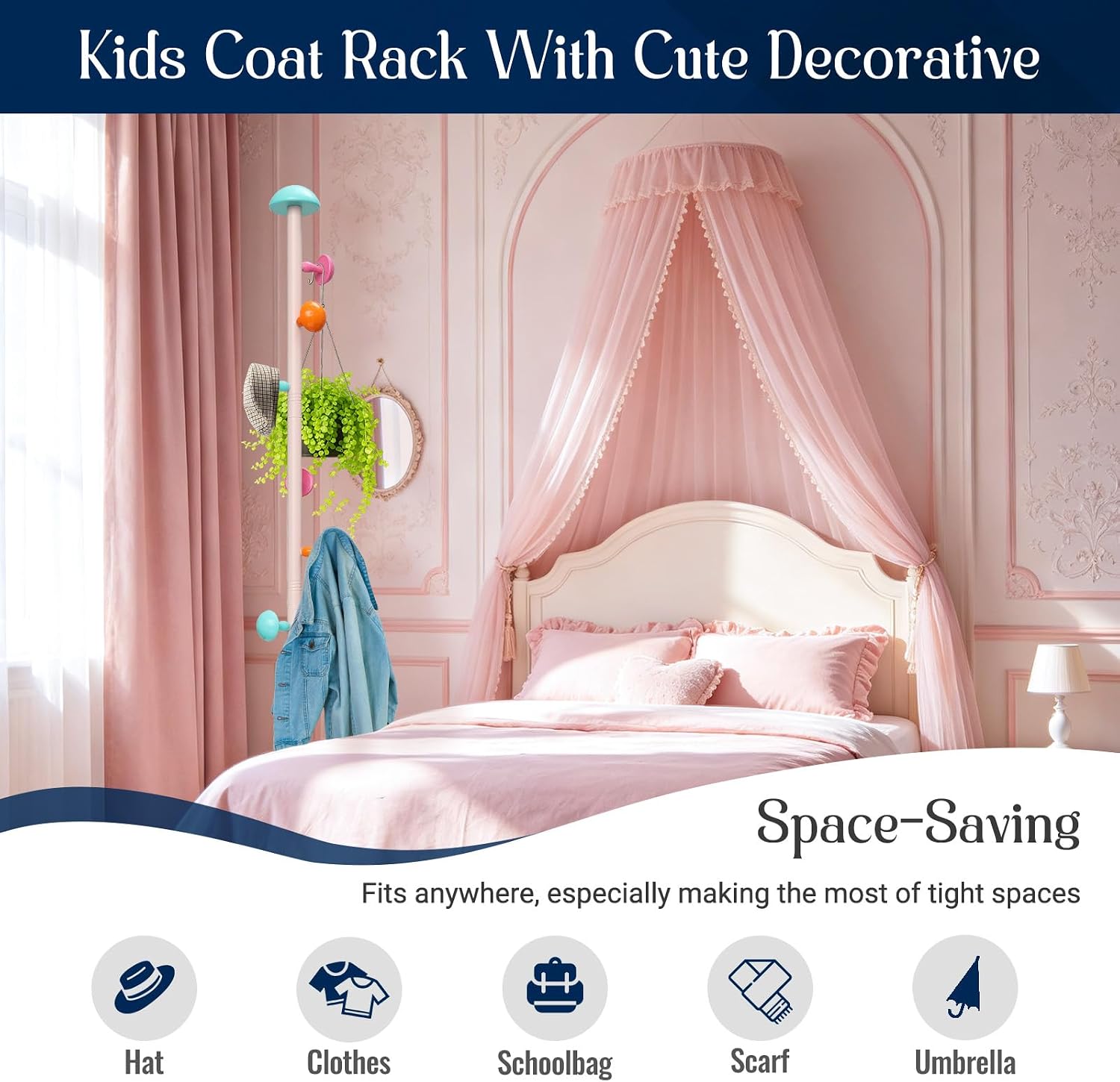 Kids Coat Rack Stand, 6 Smooth Mushroom-Shaped Hooks, Marble Base (Pink)