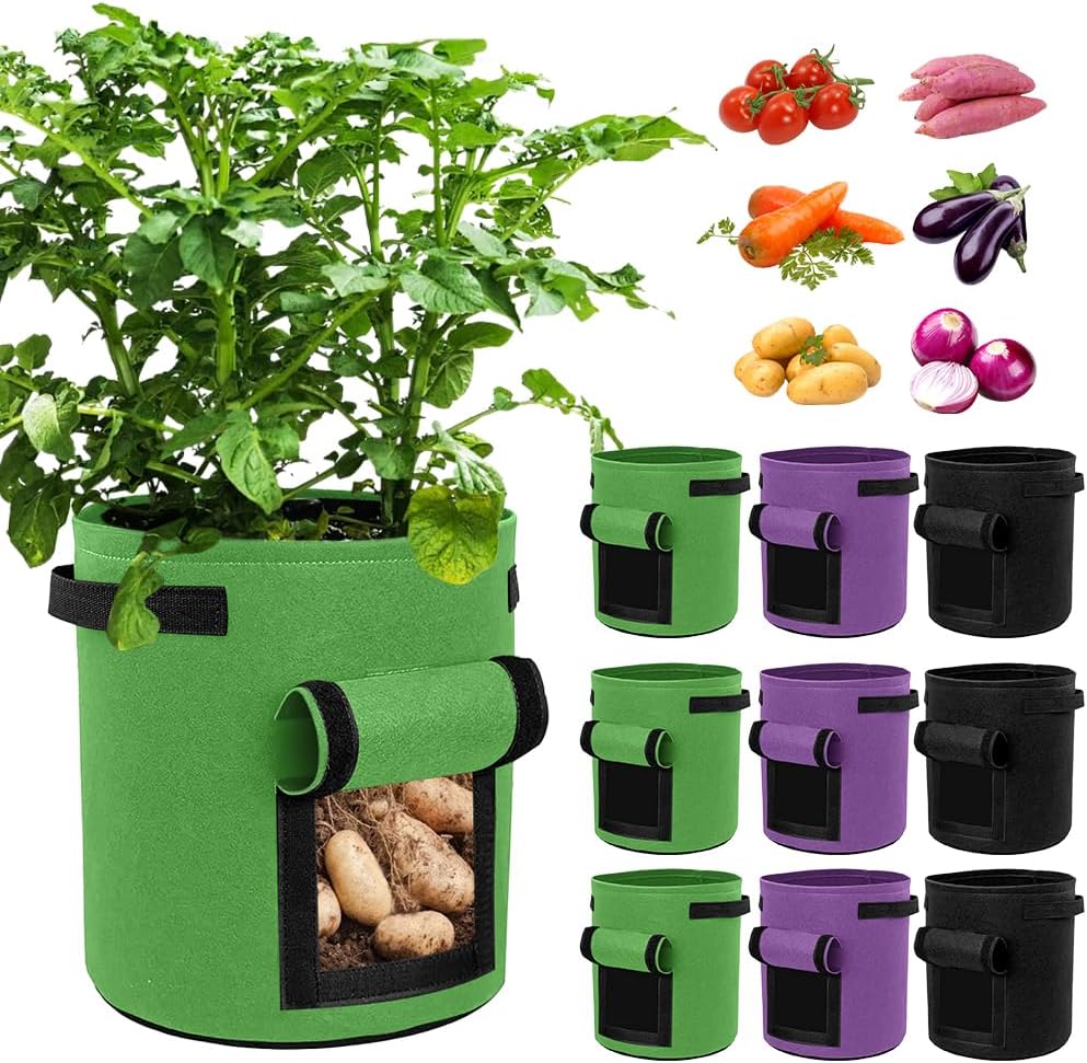 9 Pack Grow Bags Bulk Heavy Duty Thickened Fabric Pots Nonwoven Plant Bags with Handles, Breathable Plant Growing Containers Bags for Garden Fruit Vegetable Flower 3 Color (10 Gallon)