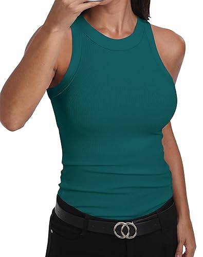 Womens Sleeveless Racerback High Neck Casual Basic Cotton Ribbed Fitted