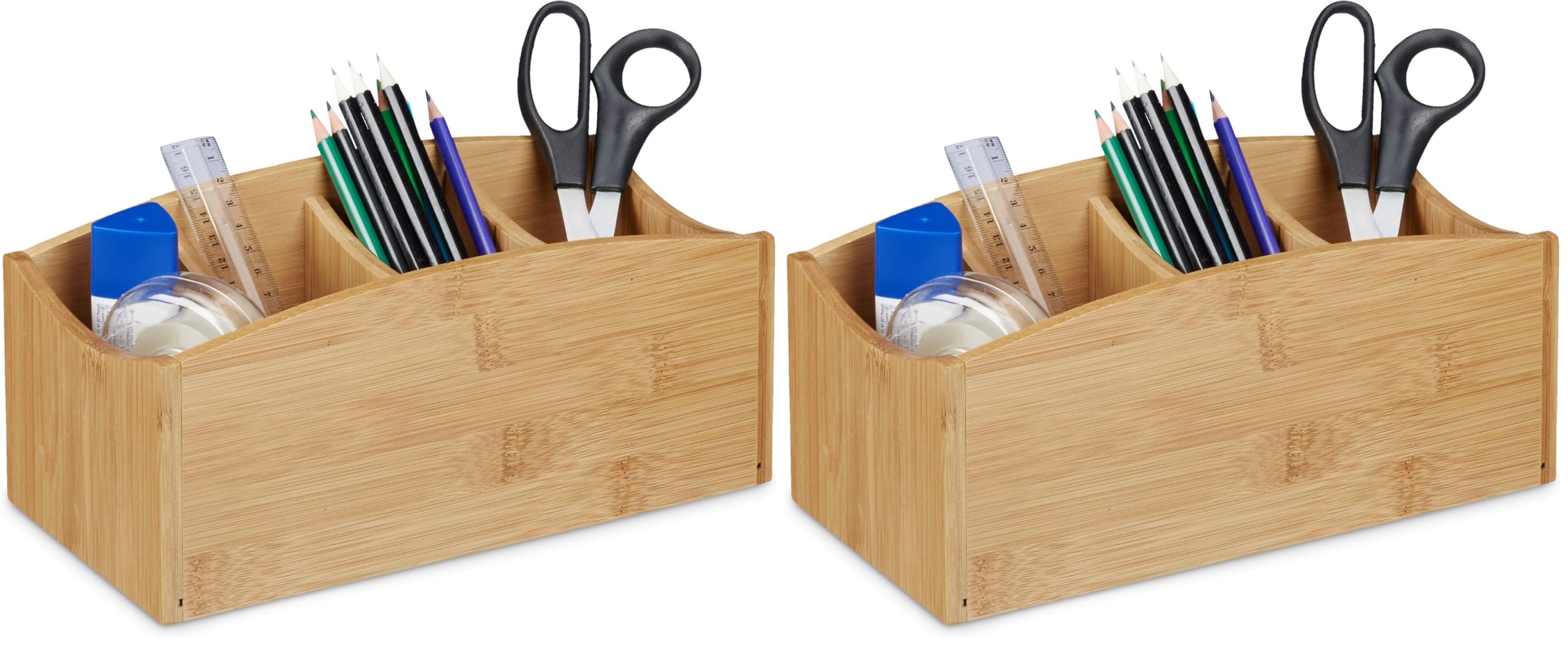 Relaxdays Schreibtischorganizer aus Bambus, Stifteköcher mit 4 Fächern, natürliche Maserung, HBT: ca. 11,5 x 26 x 13 cm, natur (Packung mit 2)
