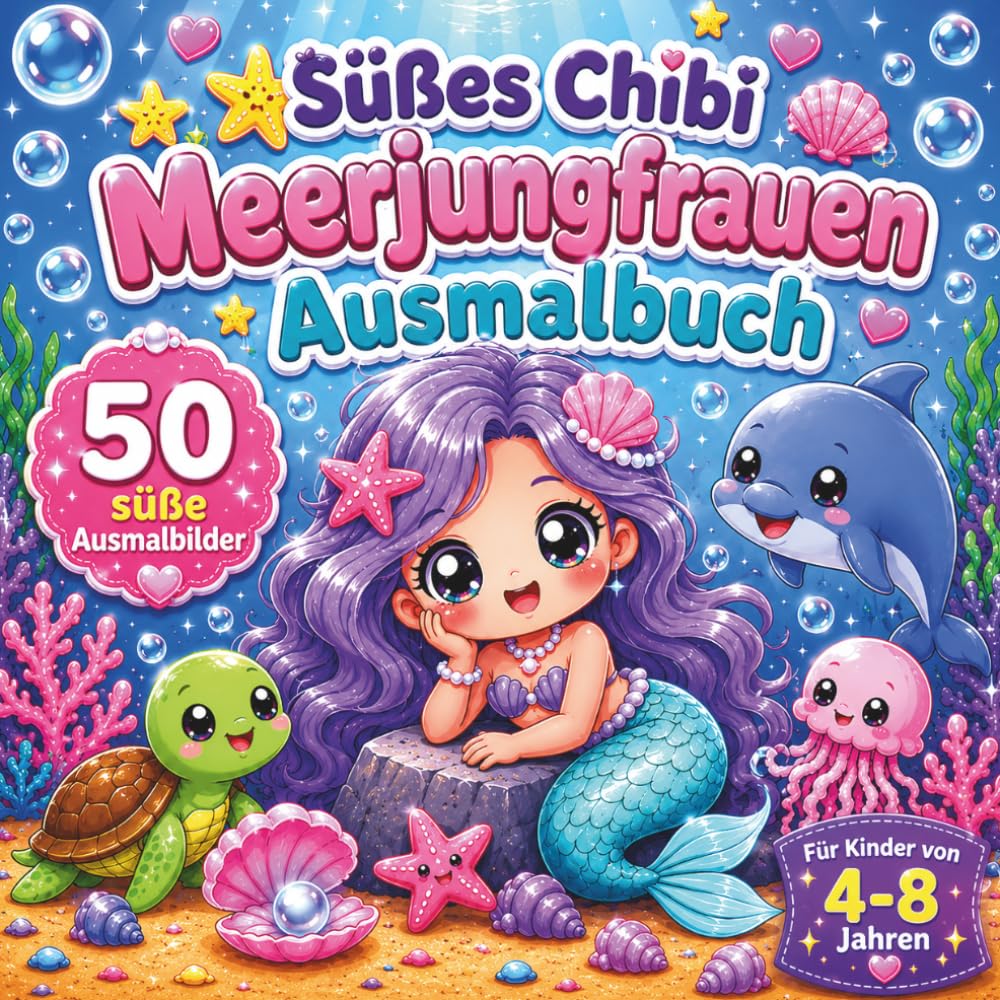 Süßes Chibi Meerjungfrauen Ausmalbuch: 50 süße Ausmalbilder für Kinder von 4–8 Jahren