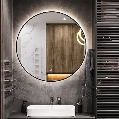 Espejo redondo retroiluminado LED de 32 pulgadas para baño, luz de tocador enmarcada negra, espejo de pared LED inteligente con 3 colores de