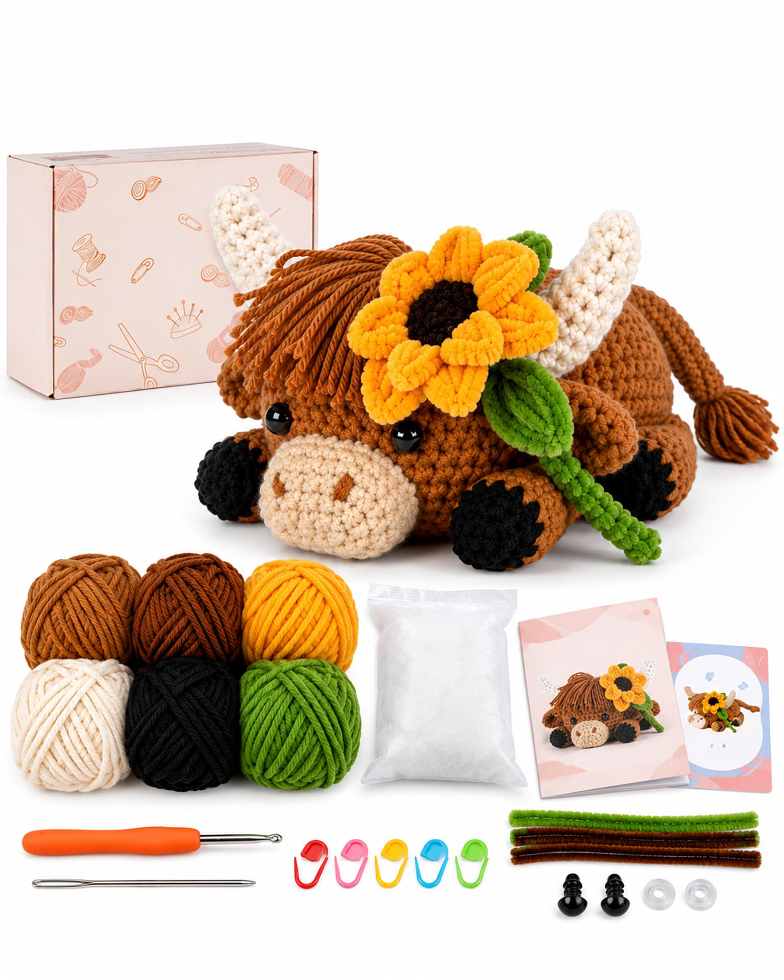 Crochet Kit for Beginners, Highland Cow Crochet Starter Kit in Gift Box