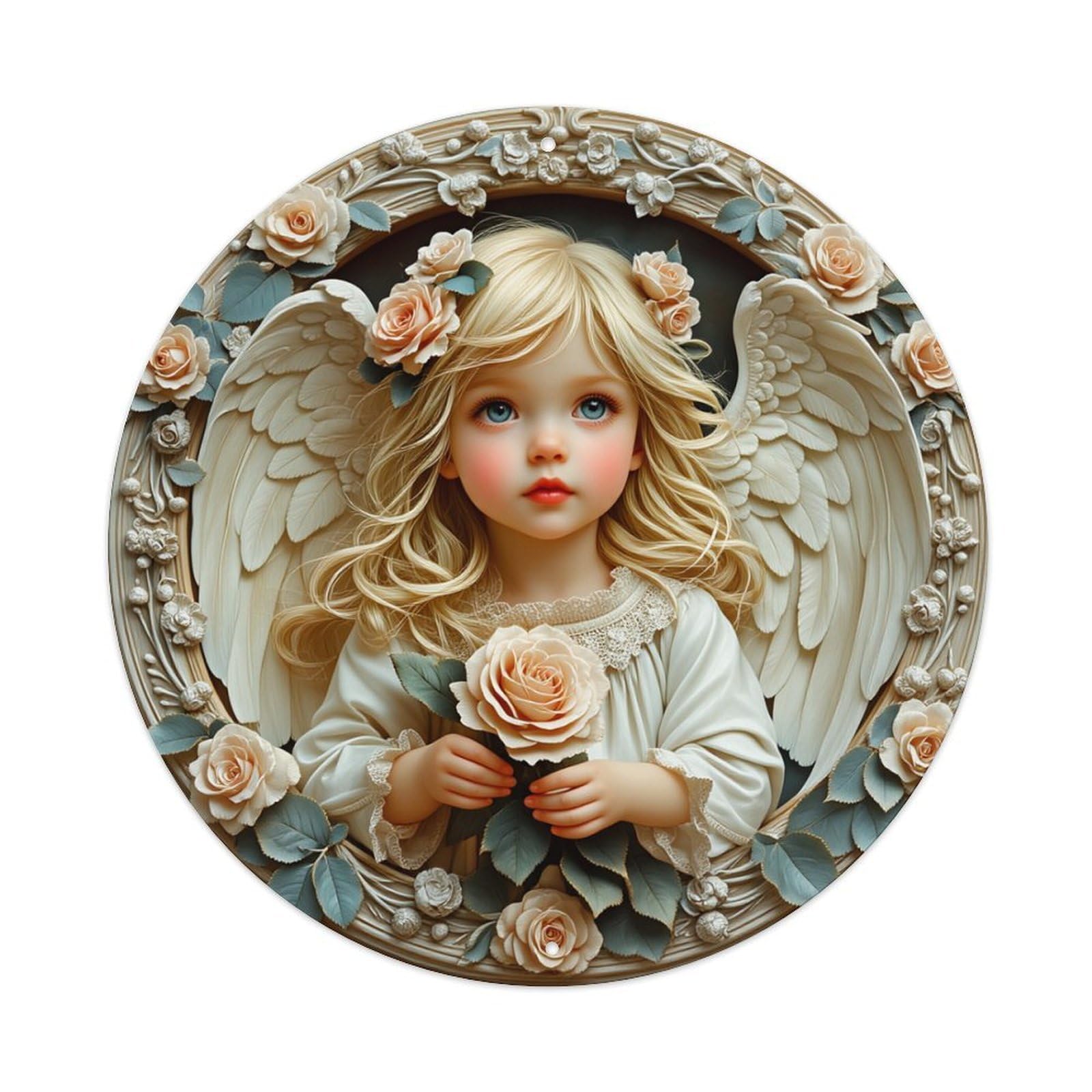 Angel With Roses And Wings Round Tin Sign Retro Metal Sign for Cafe Bar Pub Home Game Room Gym Club Wall Decoration Vintage Metal Poster 8x8 Inch