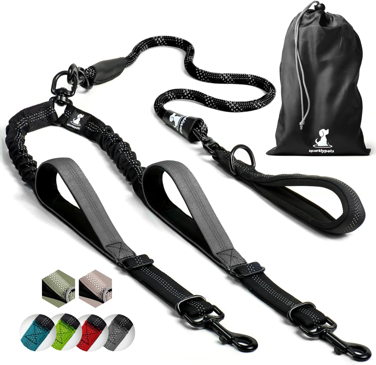 Double Dog Leash for 2 Dogs – Rope Bungee Dual Leash for Medium and Large Breeds with Padded Handles & Tangle Free (Black, Medium/Large)