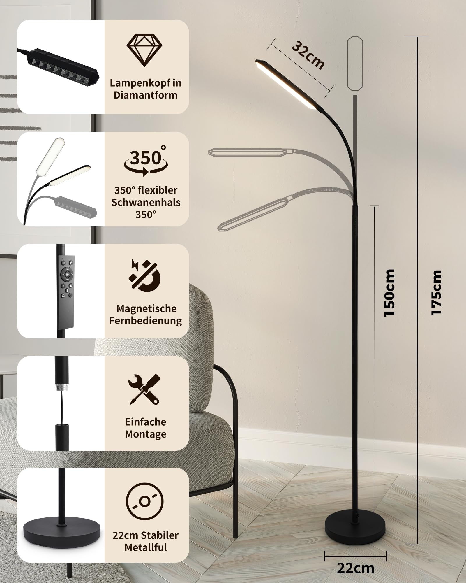 Lampe sur pied LED noire dimmable 18W avec télécommande, lampe de lecture moderne pour chambre salon bureau