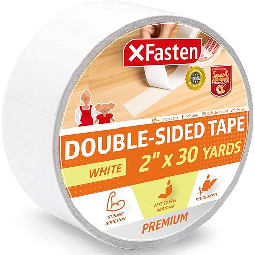 XFasten Double Sided Tape, White, Removable and Residue-Free, 2-Inch x 30 Yards, Surface Safe Two-Sided Sticky Adhesive Tape for Wall, Floor, Clothes, Rug, Fabric, Crafts and Scrapbooking