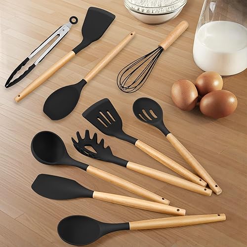 Miniatura 6 de HaWare Juego de utensilios de cocina de silicona, 10 piezas de utensilios de cocina antiadherentes con mango de madera, resistente al calor de 450