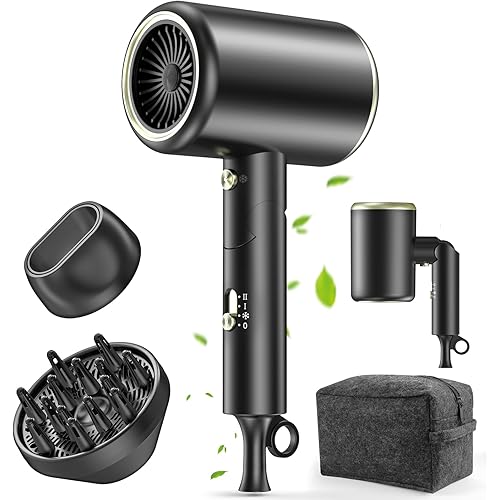 Hair Dryer, 150000RPM Ionic Blow Dryer - Fast Drying, Low Noise, Foldable Portable with Diffuser and Nozzle, Compact Mini for Women and Men, Home and Travel （Black）