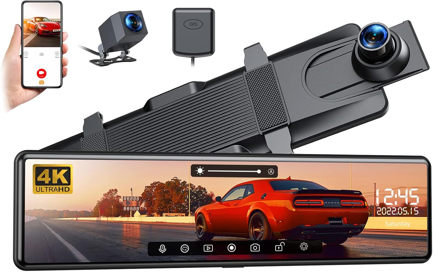 LAMTTO 4K Mirror Dash Cam with GPS WiFi,12" Voice Control Touch Screen