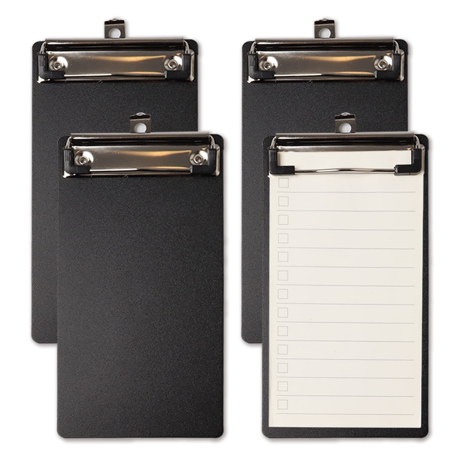 wexpw 4 Pack Plastic Mini Memo Clipboards A6 Cute Clipboard 4.17x 8inch Black Small Memo Size Pocket Clipboard Small Server Notepads Menu Holder Clipboard Check Presenters