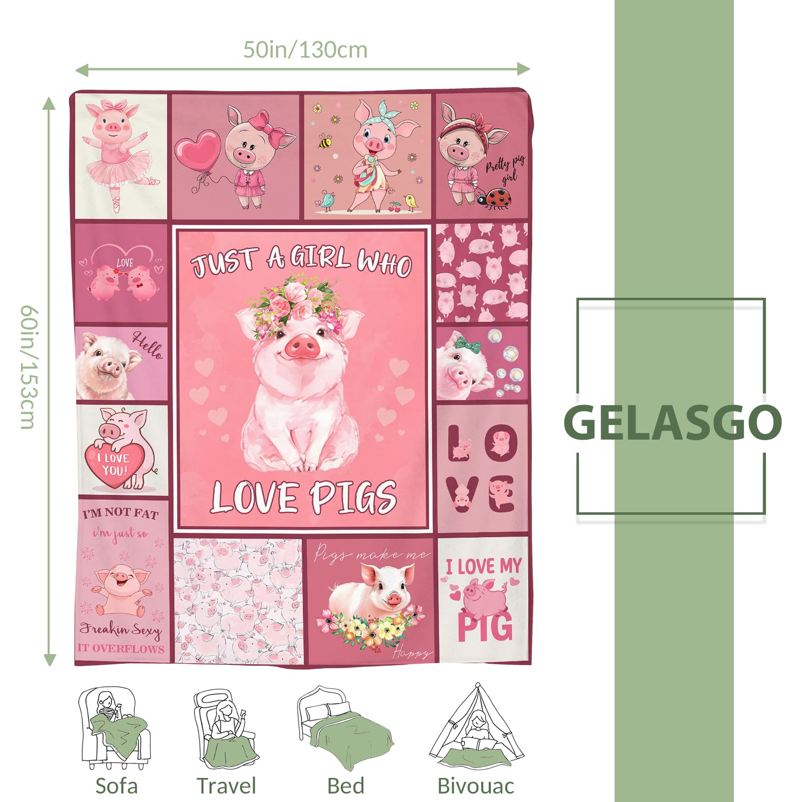 Gelasgo Pink Pig Throw Blanket Ultra Soft Flannel Blanket - Image 3