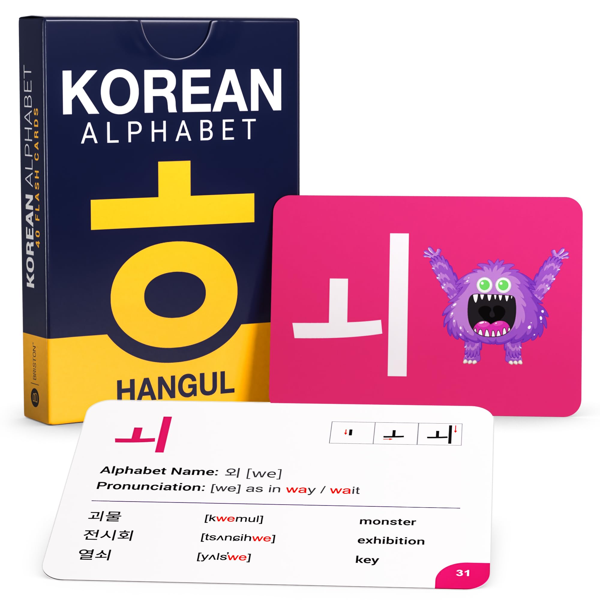 41 Korean Alphabet Hangul Flash Cards - Educational Language Learning Resource with Pictures for Memory & Sight Words - Fun Game Play - Grade School, Classroom, or Homeschool Supplies - Briston Brand