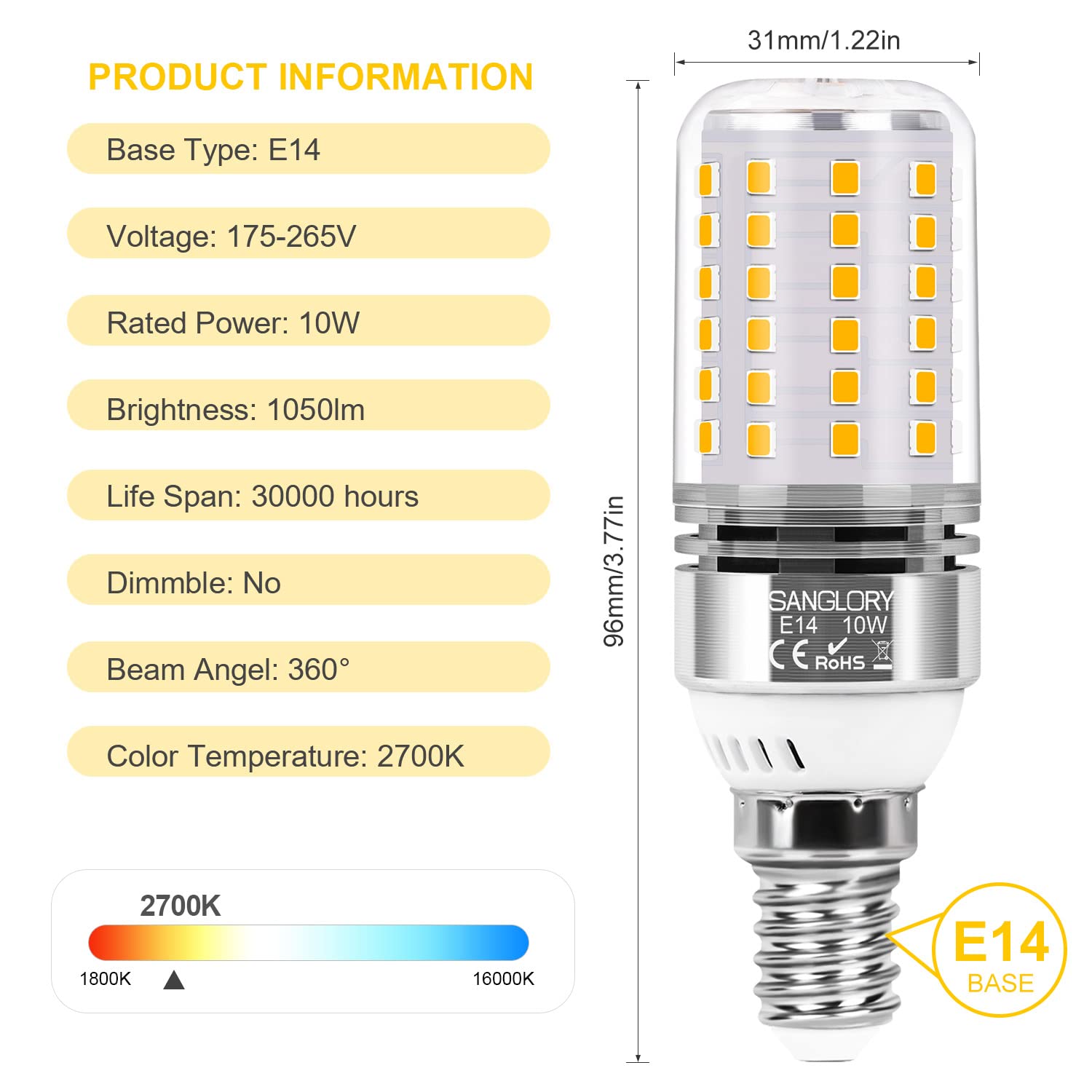 SanGlory Lampadine LED E14 Luce Calda 10W Lampada Led E14 Bianca Calda 2700K, Lampadina E14 Bianco Caldo Attacco Edison E14 LED, 1050LM, Equivalenti a 90W Incandescenza, Angolo 360°, Pacco da 4