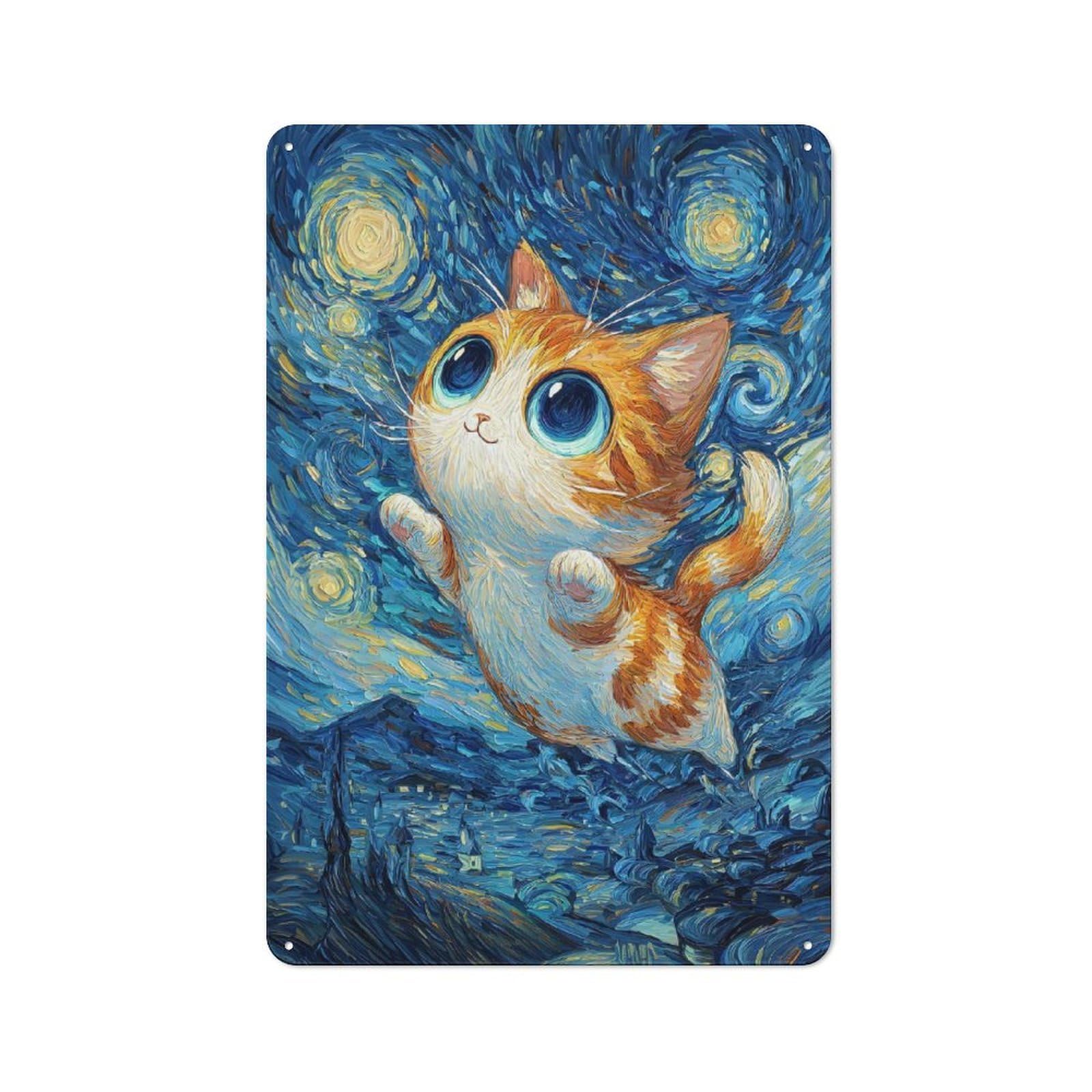 Junmoney Cat In Starry Night Style Vintage Tin Sign 30X20cm With For Living Room Or Hallway, For Living Room Decor Lovers