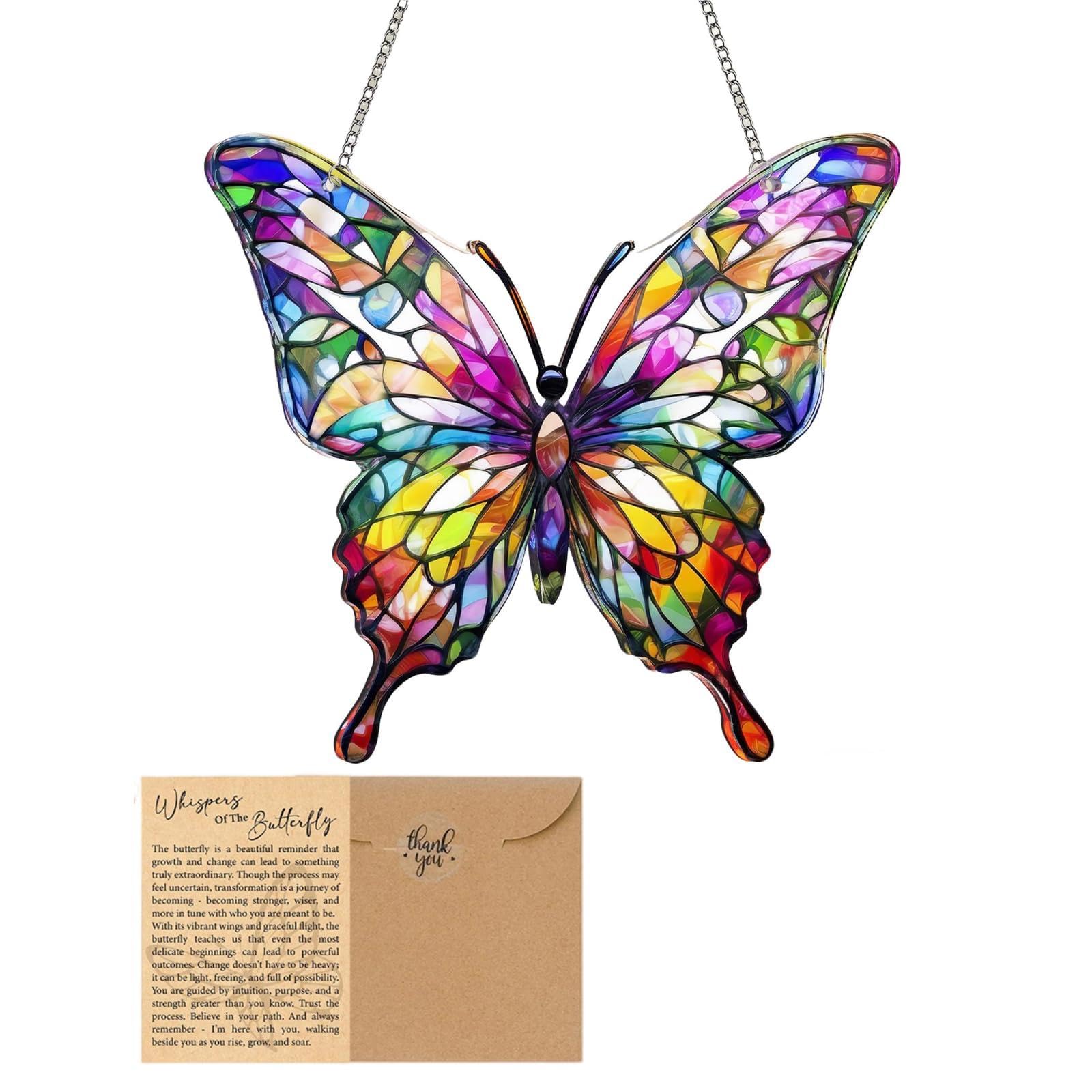 Butterfly Acrylic Suncatcher Ornament with Greeting Card Stained Glass Window Hanging Inspirational Gifts for Women Handmade Wind Spinners Sun Catchers for Windows for Garden Home Office