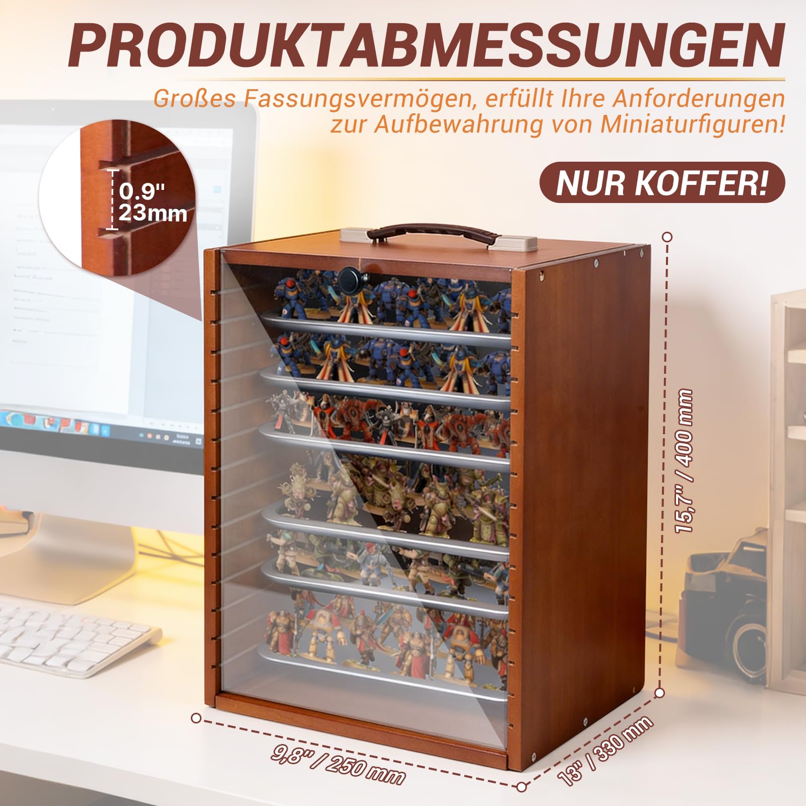 Miniaturowy walizek transportowy i do przechowywania dla przedmiotów kolekcjonerskich, drewniana miniaturowa walizka do przechowywania i szklana szafy dla figurek i figurek akcji, przenośny walizek do