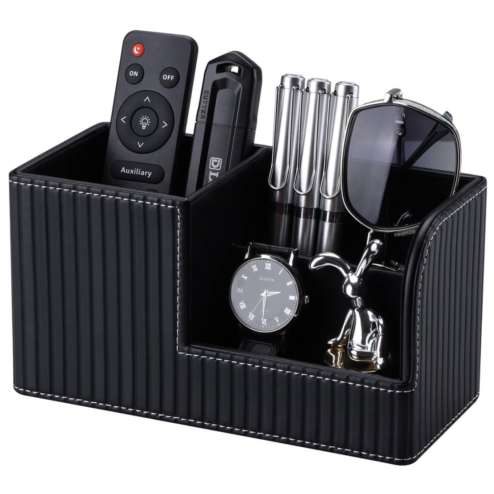 KINGFOM Pen Holder for Desk, PU Leather Pen Pot Desk Tidy Organiser with 3 Compartments for Office (Black)