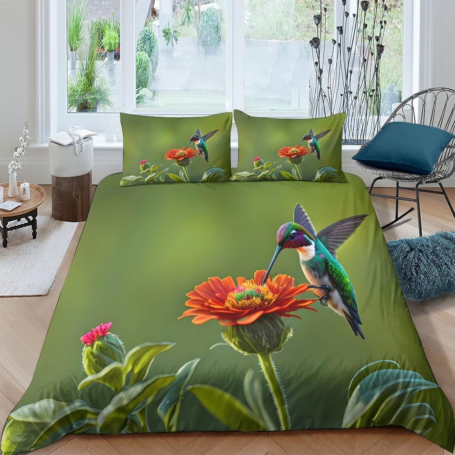 Funda Nordica Cama 180 Colibrí Ropa de Cama 3D Motivos Botánicos 3 Piezas Suave Transpirable Microfibra Funda Nórdica 260x240 cm y 2 Fundas de Almohada 50x75 cm C.2634
